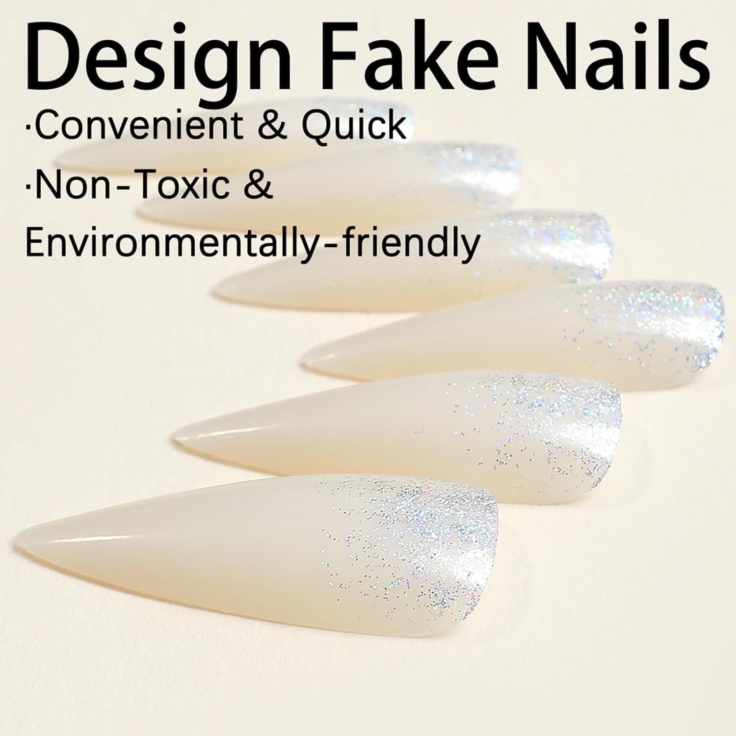 Uñas Postizas Stiletto GCSQW 24 Pcs Brillo Blanco Lechoso