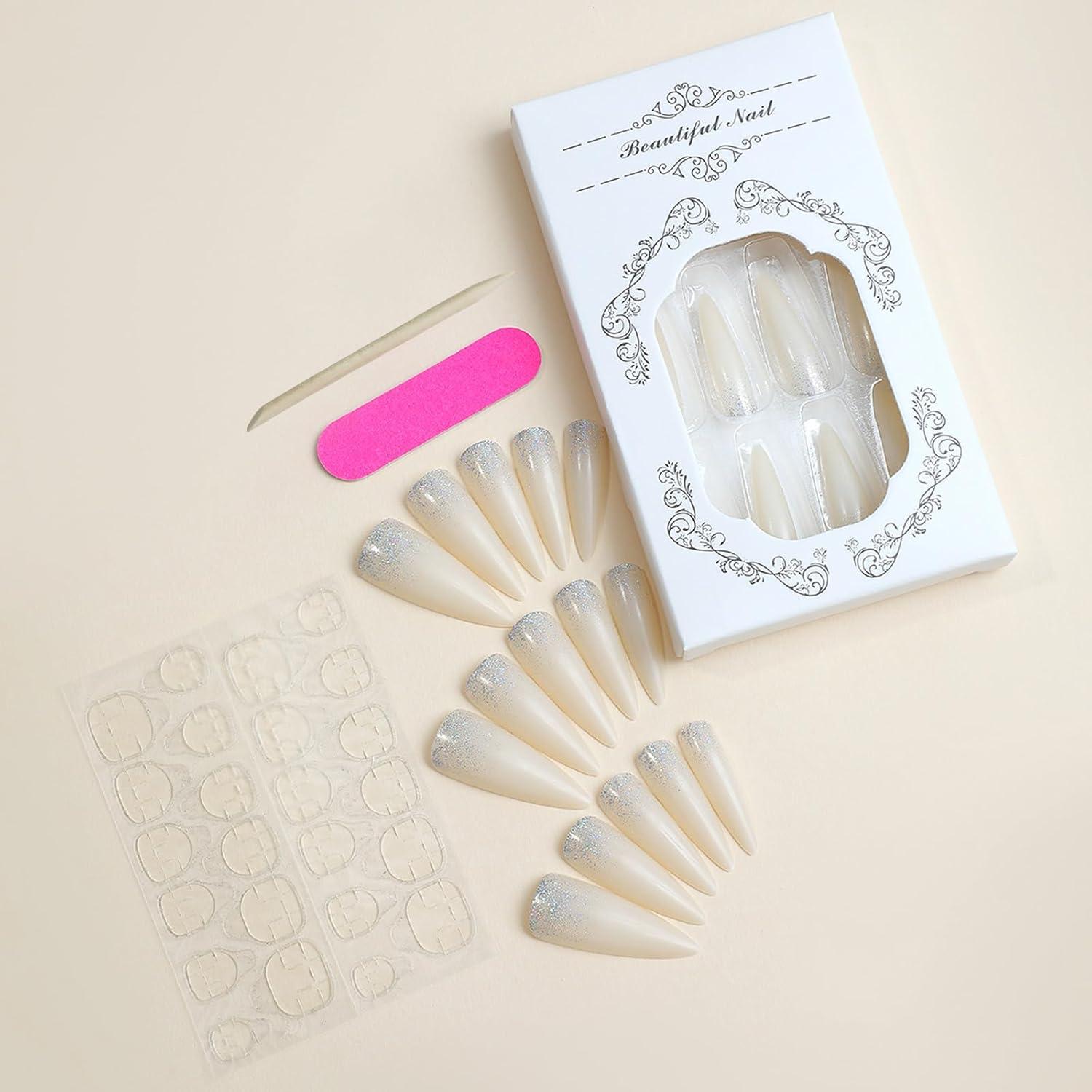 Uñas Postizas Stiletto GCSQW 24 Pcs Brillo Blanco Lechoso