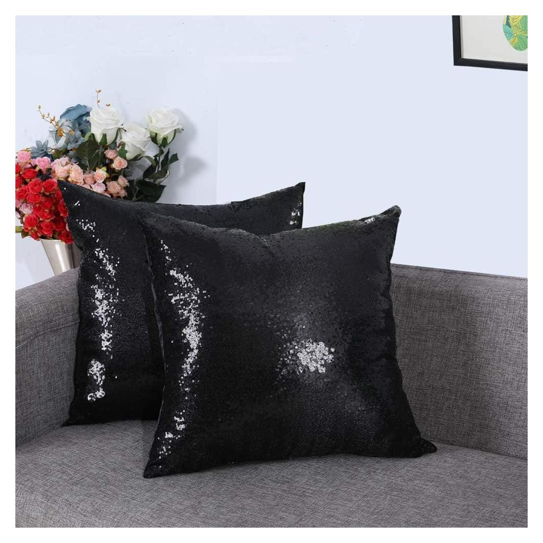 Funda de Almohada Decorativa Belleza Eterna 18x18 cm - 2 Pzas Lentejuelas Negras