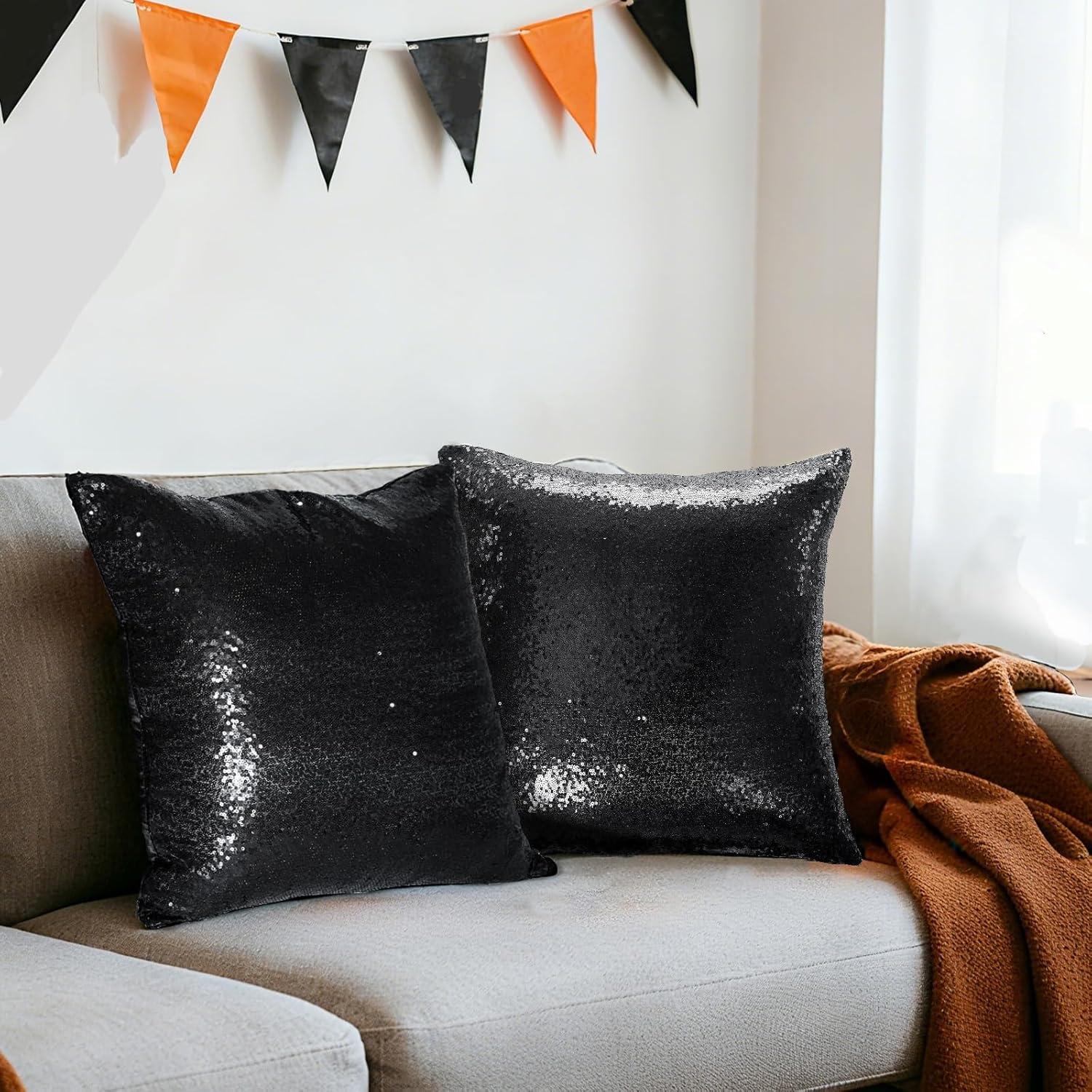 Funda de Almohada Decorativa Belleza Eterna 18x18 cm - 2 Pzas Lentejuelas Negras