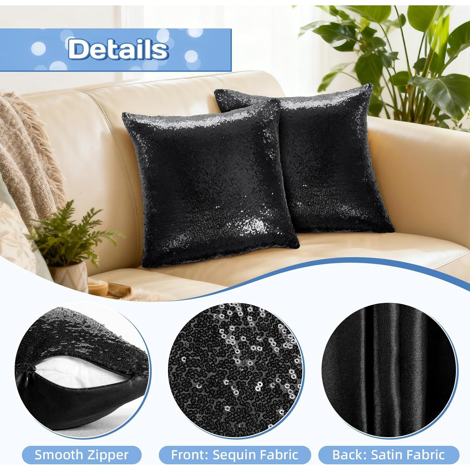 Funda de Almohada Decorativa Belleza Eterna 18x18 cm - 2 Pzas Lentejuelas Negras