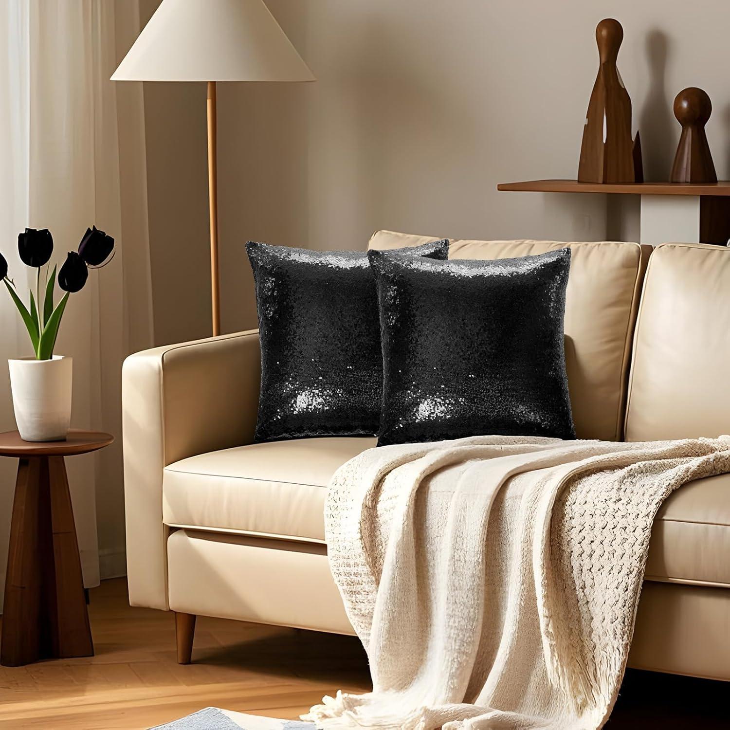 Funda de Almohada Decorativa Belleza Eterna 18x18 cm - 2 Pzas Lentejuelas Negras