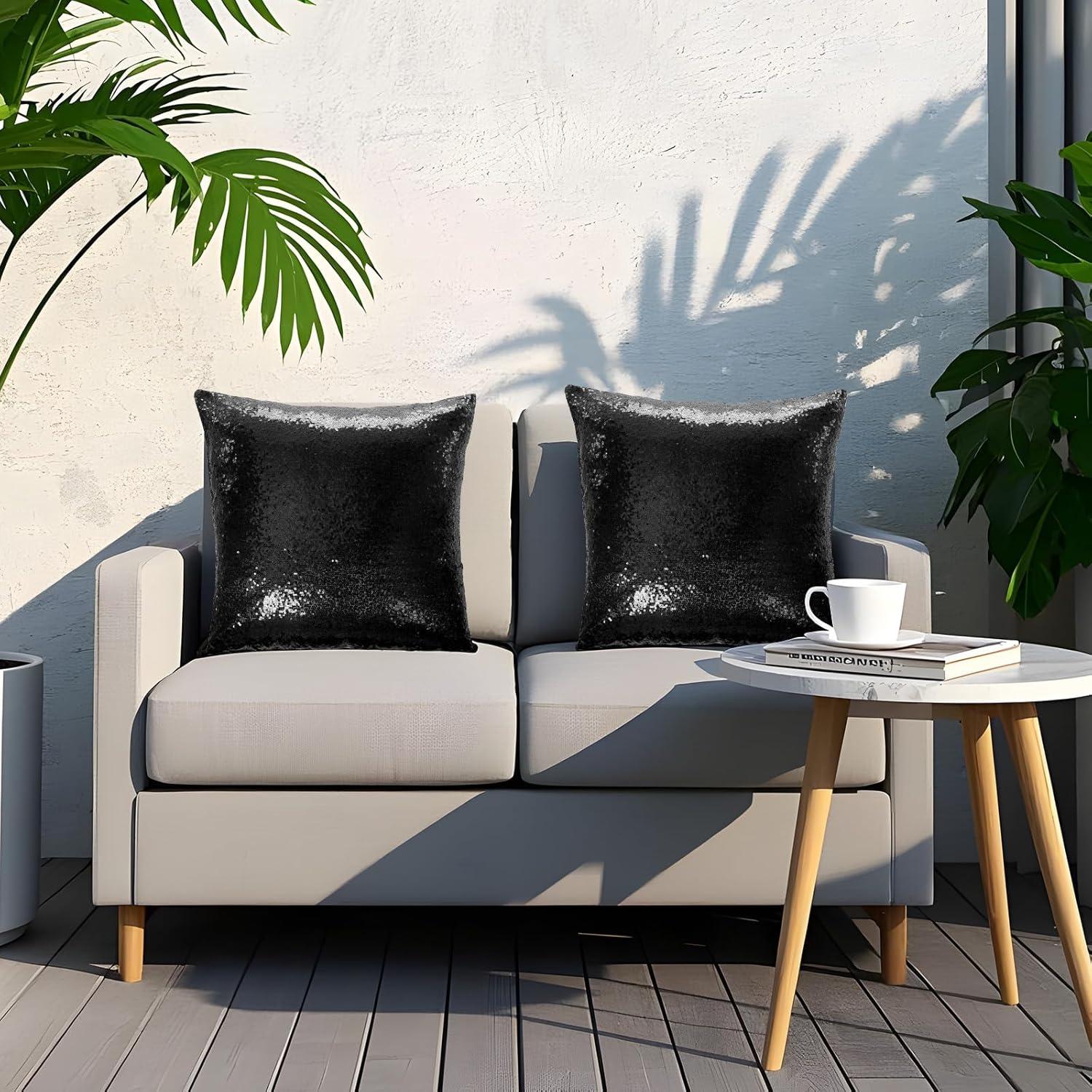 Funda de Almohada Decorativa Belleza Eterna 18x18 cm - 2 Pzas Lentejuelas Negras