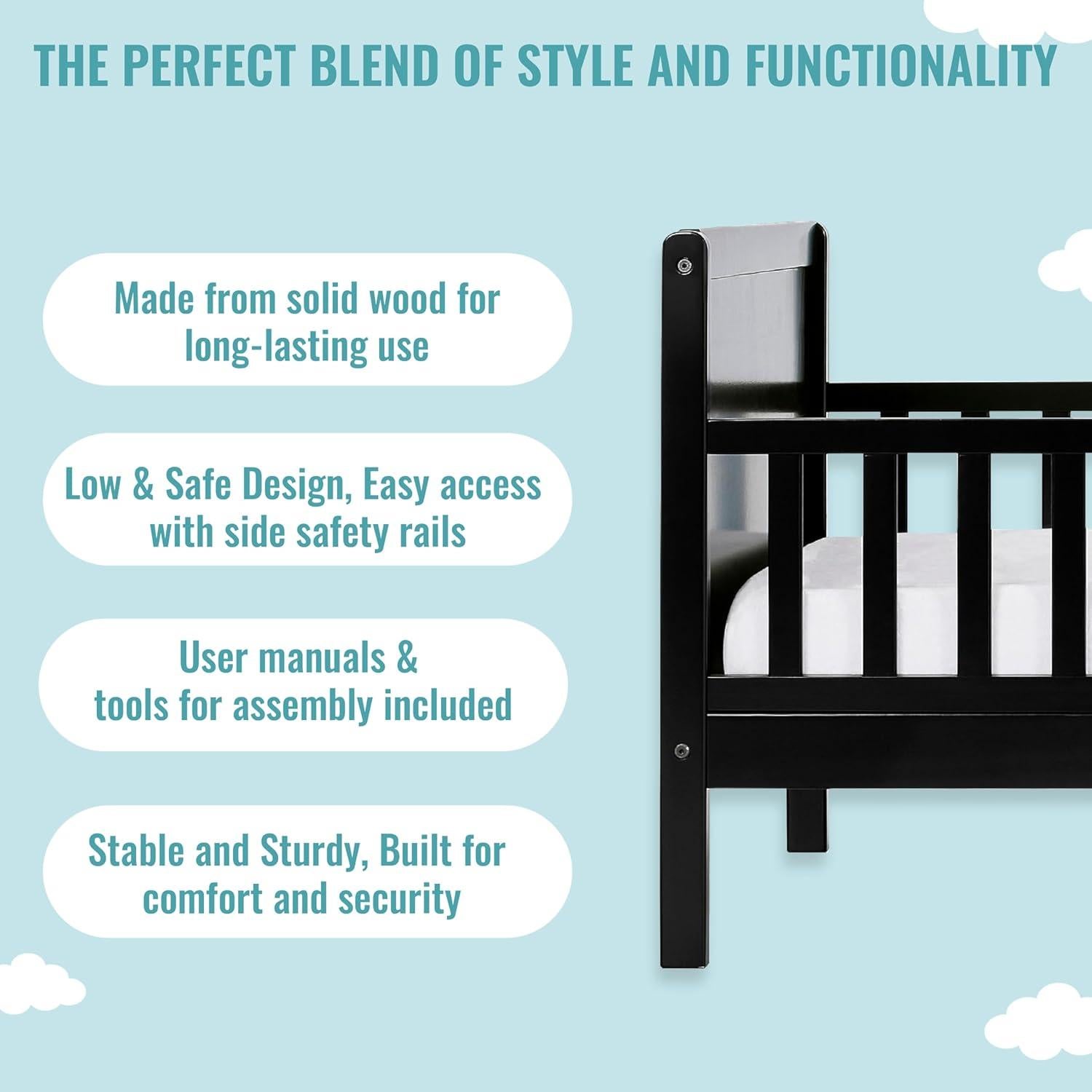 Cama para Niños Dream On Me Brookside Negra, Diseño Bajo, 135x74 cm