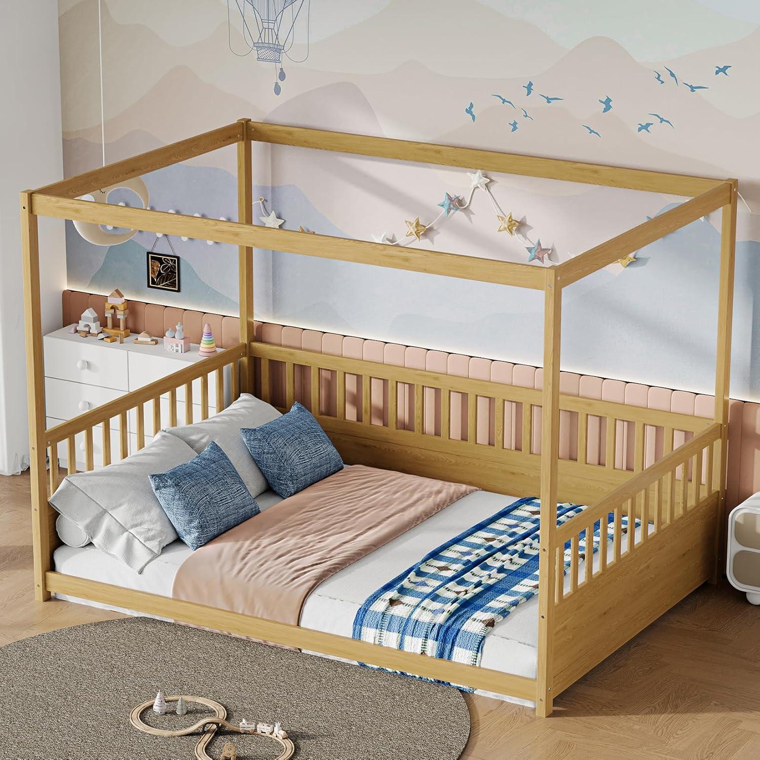 Cama de Piso Montessori NUPczxg de Madera Natural 144.5x195.2 cm