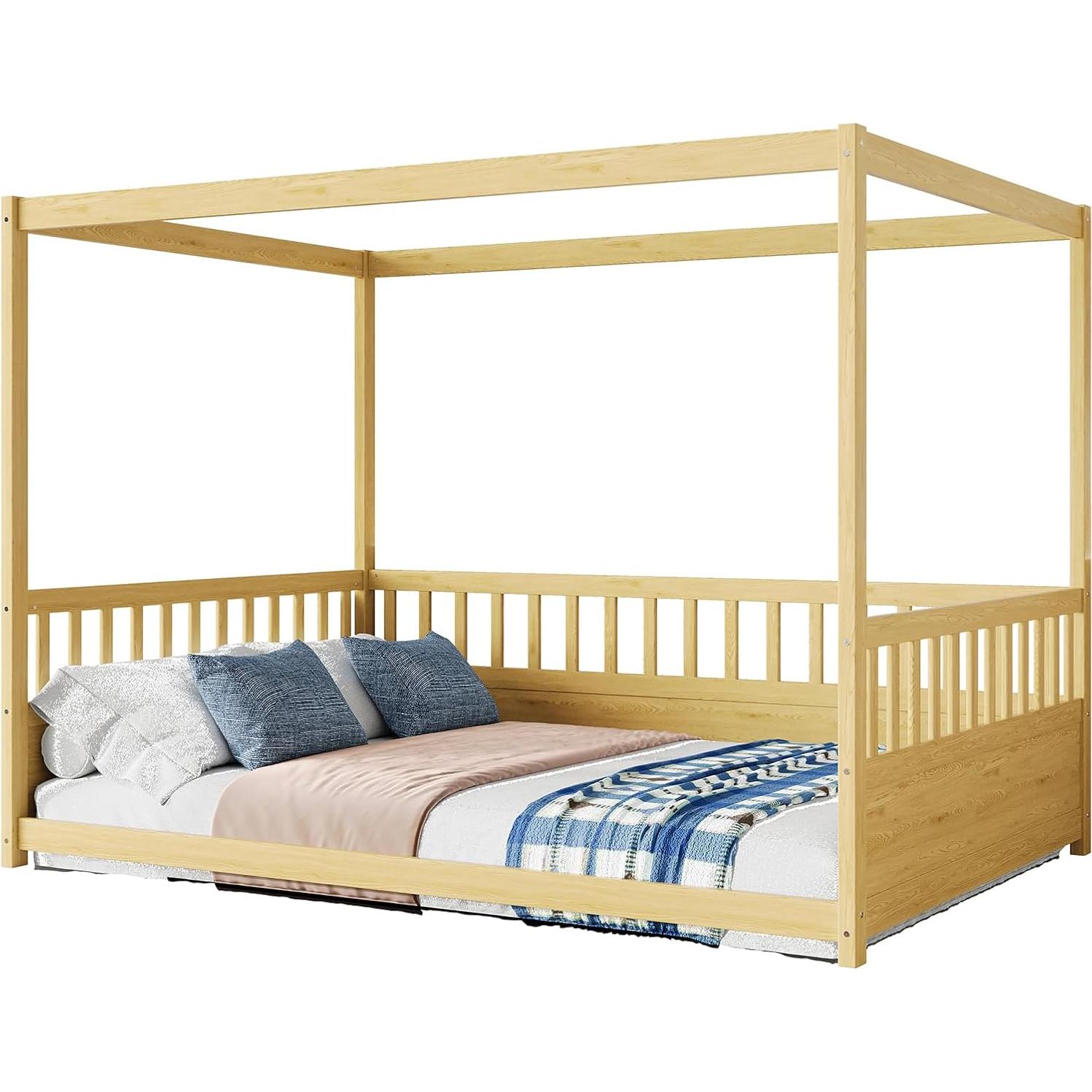 Cama de Piso Montessori NUPczxg de Madera Natural 144.5x195.2 cm