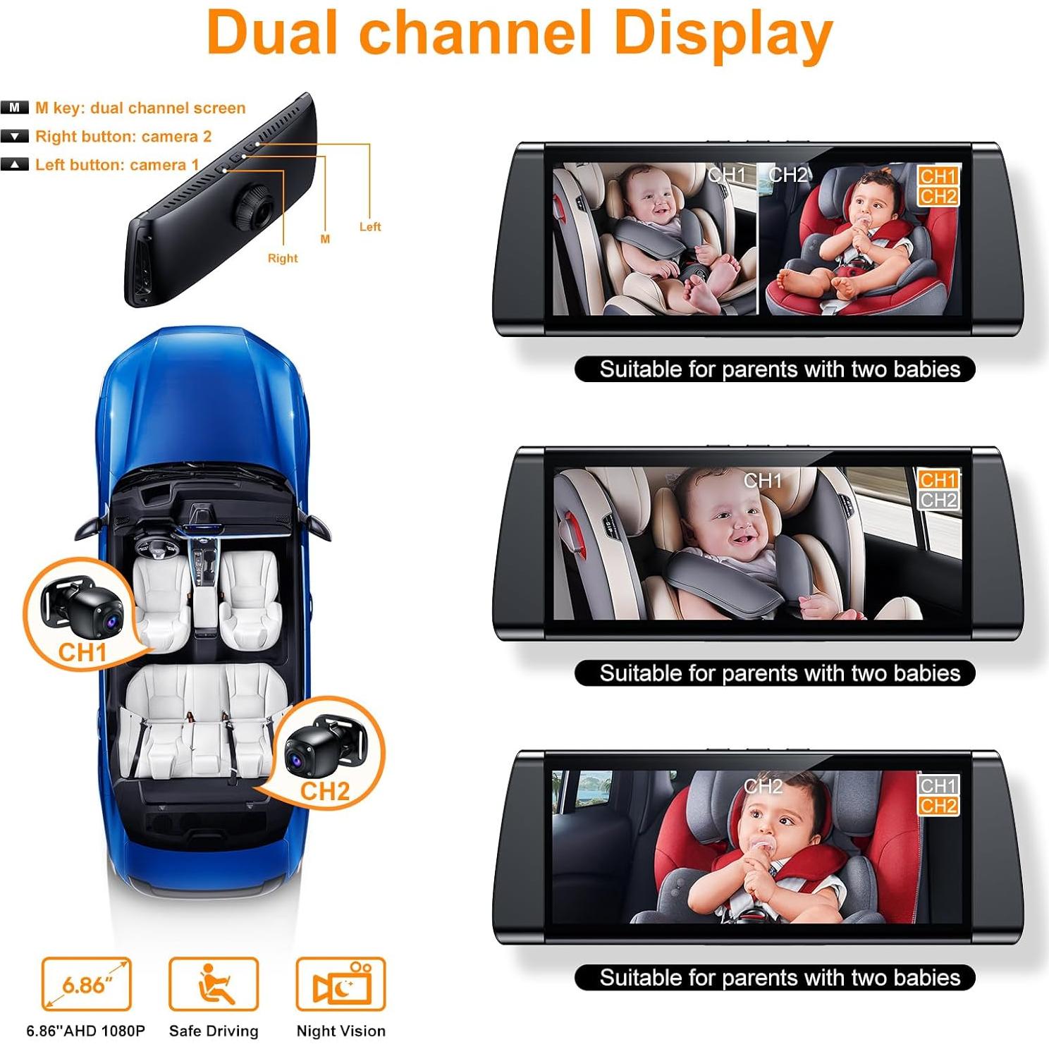 Cámara de Auto para Bebés BOEYOS BM300 Pantalla 7" HD