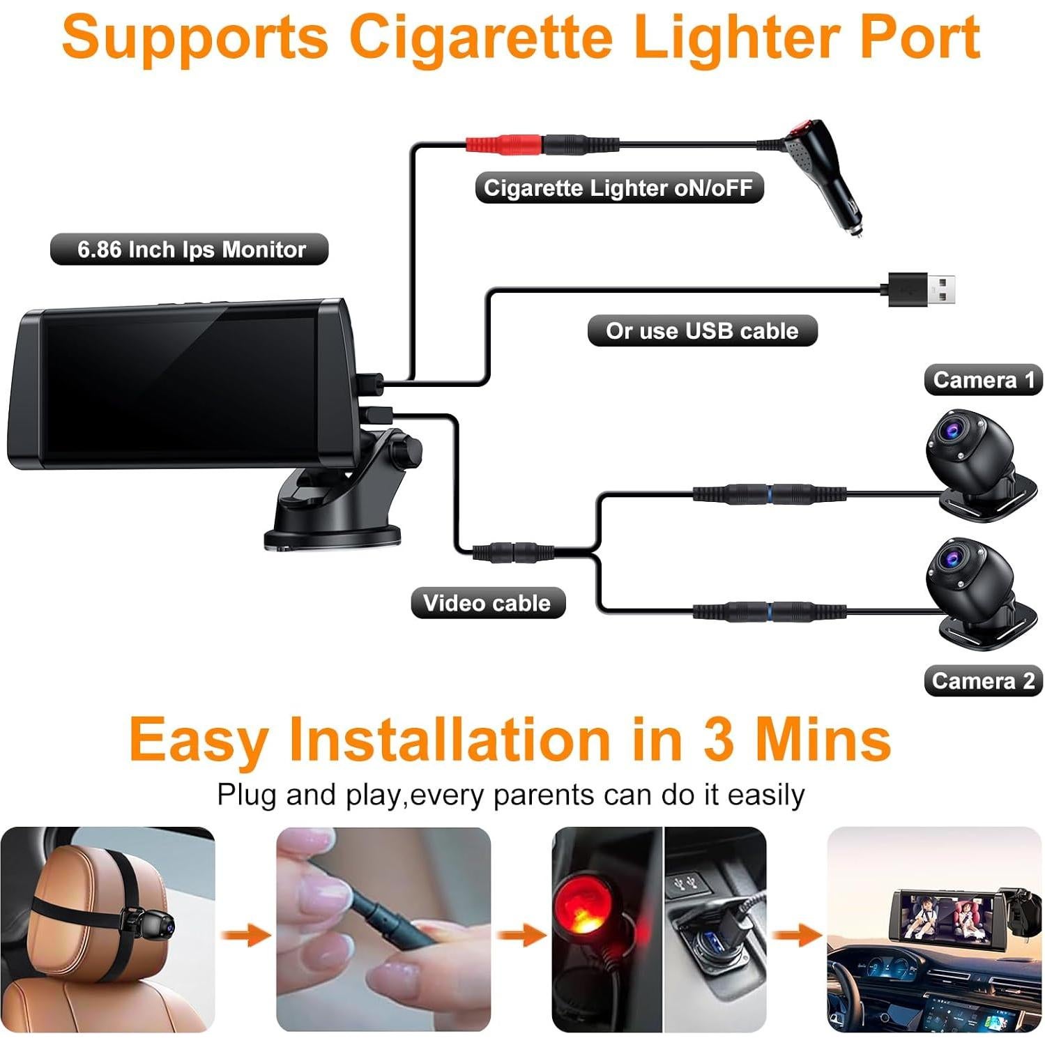 Cámara de Auto para Bebés BOEYOS BM300 Pantalla 7" HD