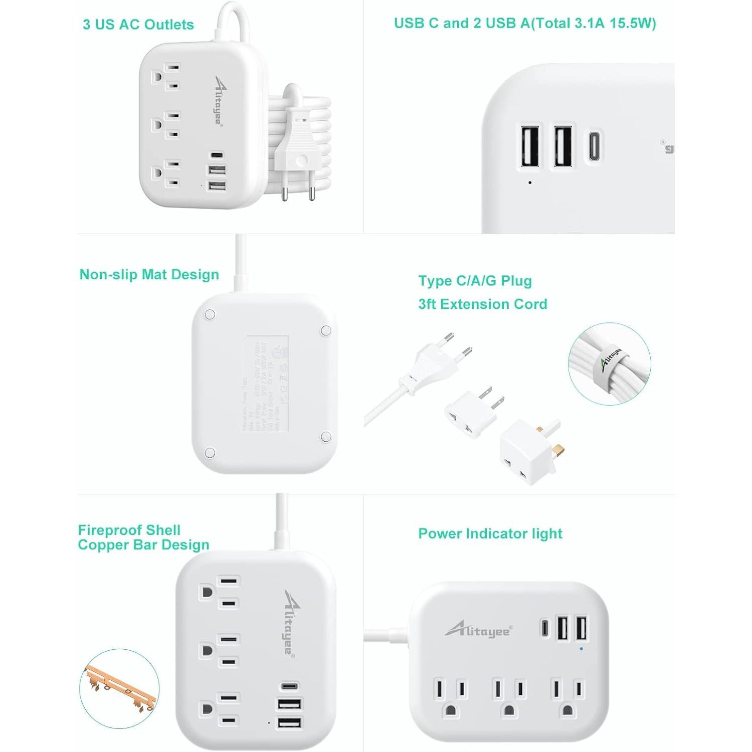 Adaptador de Enchufe Universal Alitayee 3 Salidas USB 15W