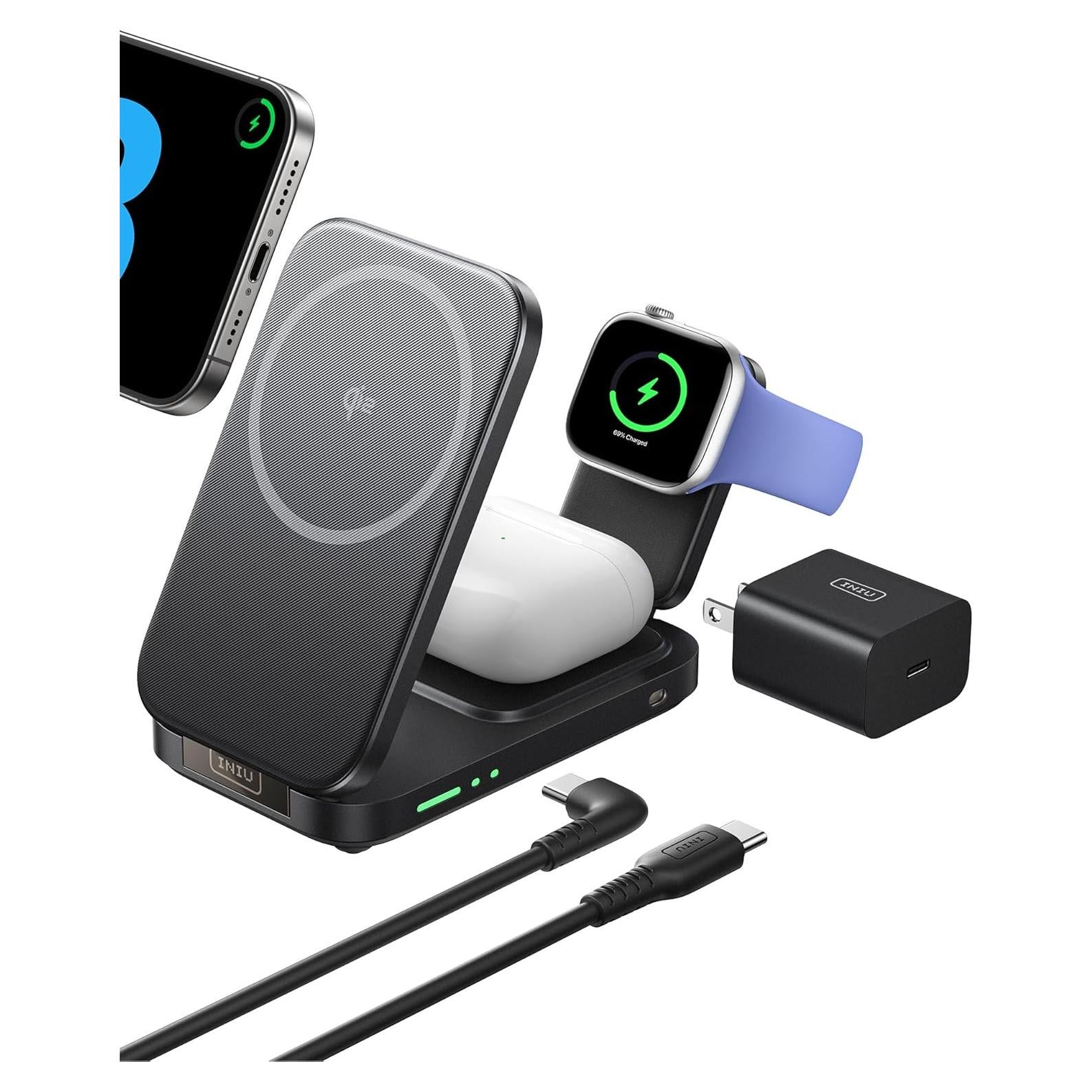 Cargador Inalámbrico 3 en 1 INIU Qi2 15W para iPhone 12-16