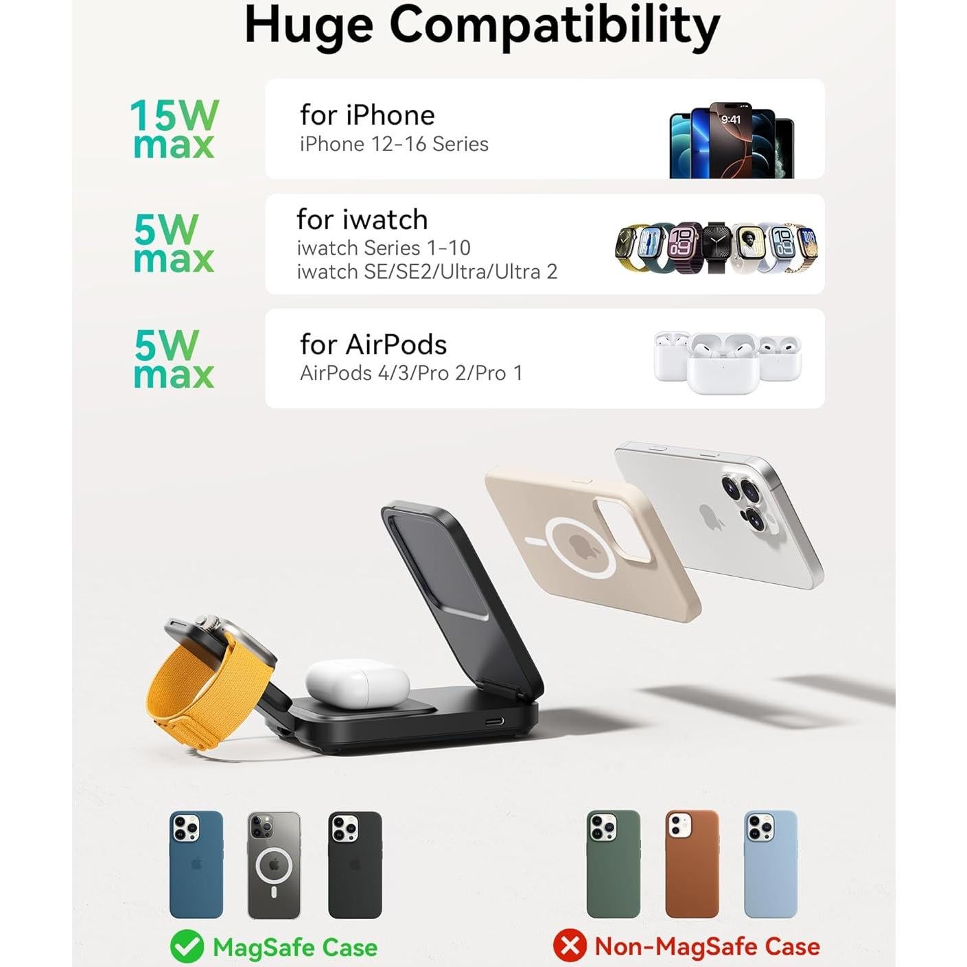 Cargador Inalámbrico 3 en 1 INIU Qi2 15W para iPhone 12-16