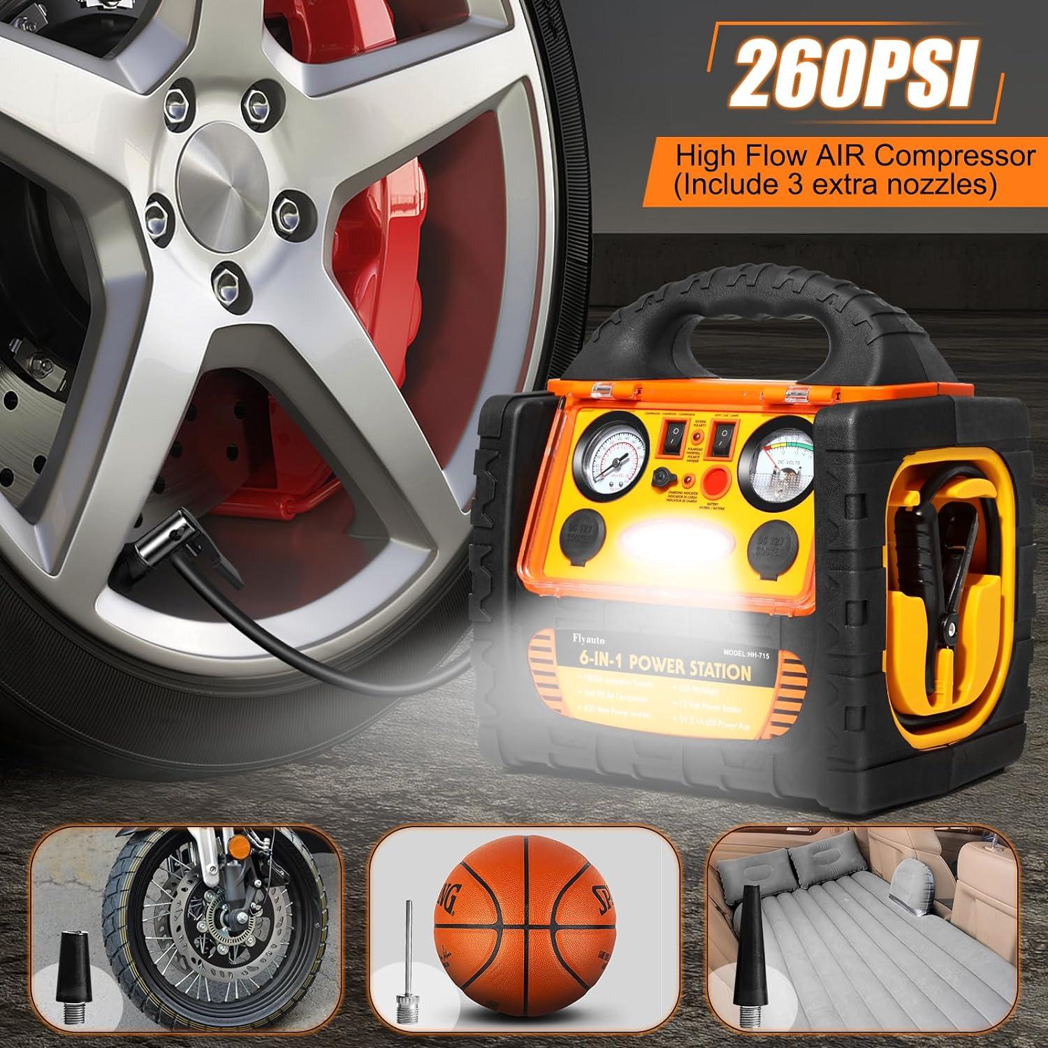 Arrancador de Salto 6 en 1 FlyAuto 1800A con Compresor 260 PSI