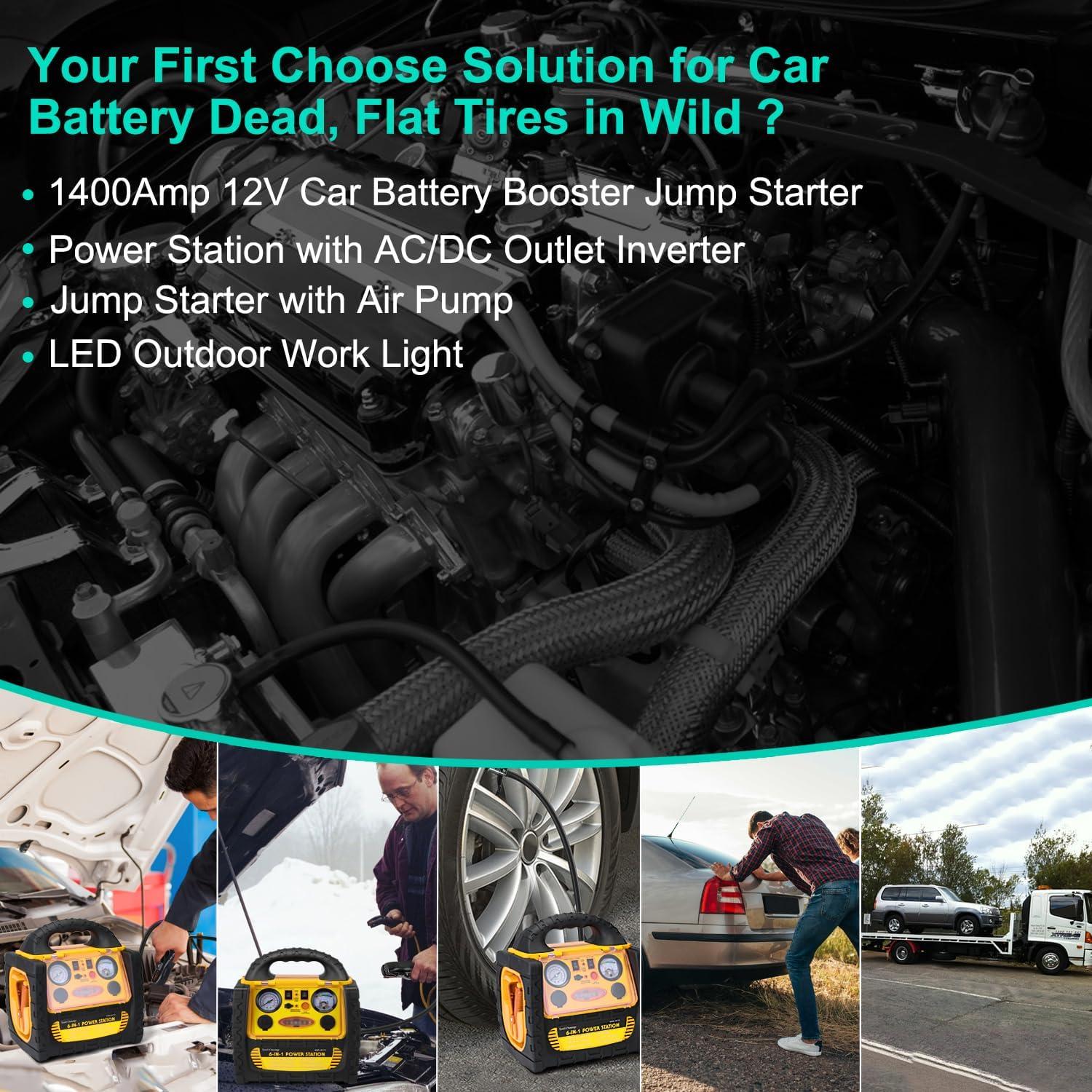 Arrancador de Salto 6 en 1 FlyAuto 1800A con Compresor 260 PSI