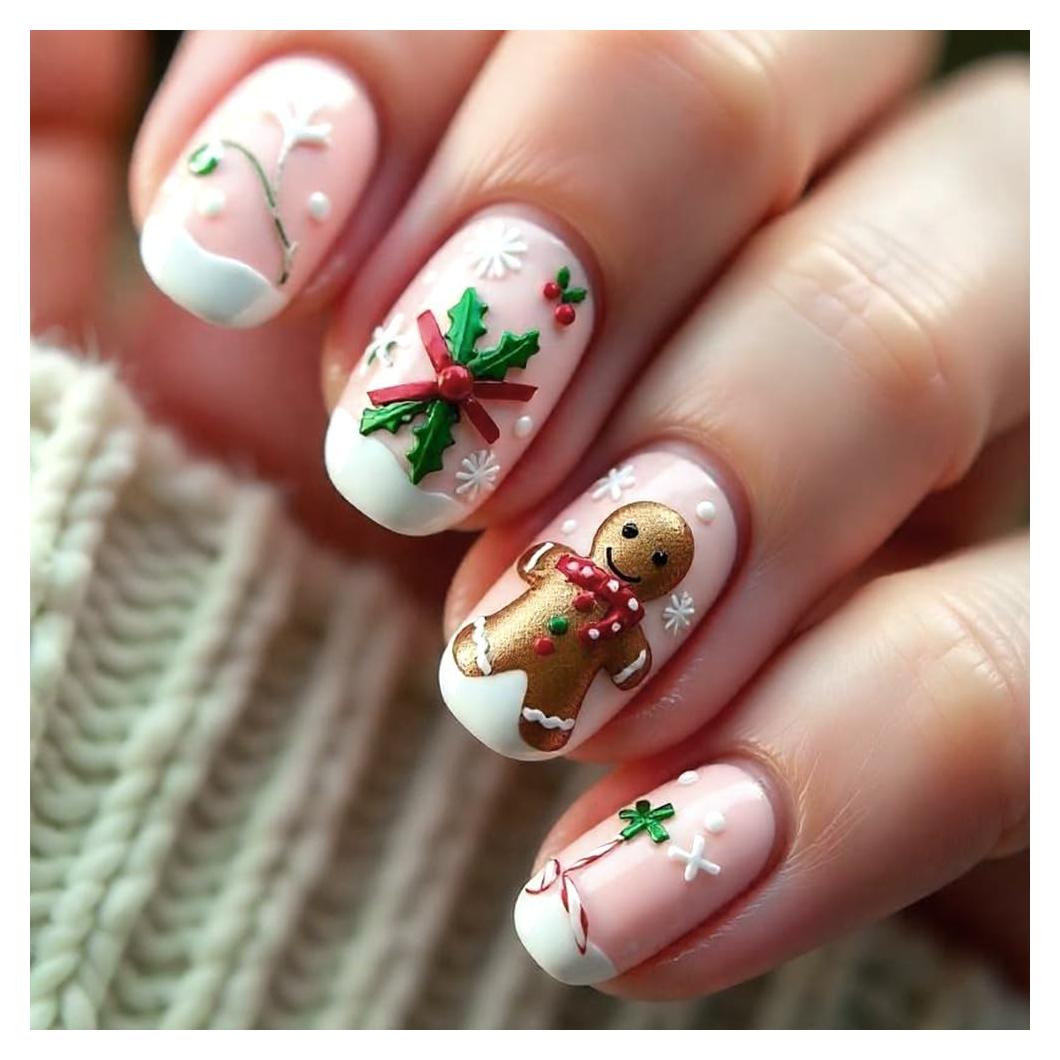 Uñas Postizas Medianas Whiosyrt Navidad 24Pcs Acrílicas