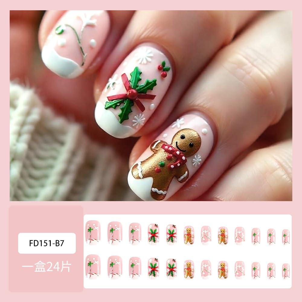 Uñas Postizas Medianas Whiosyrt Navidad 24Pcs Acrílicas