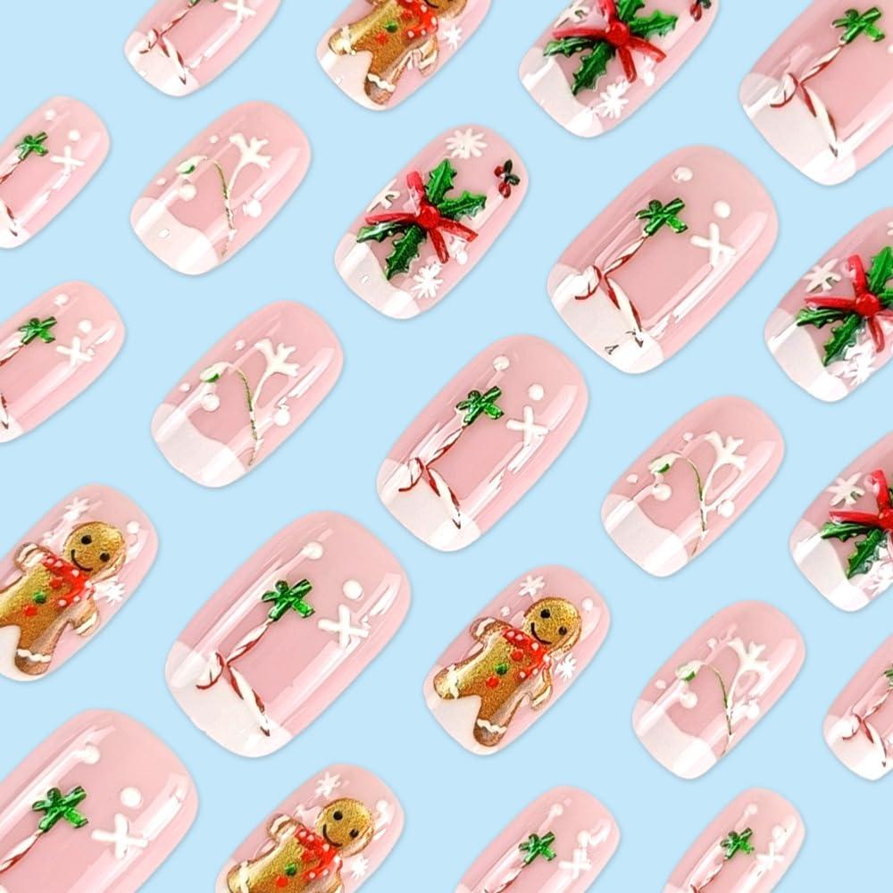 Uñas Postizas Medianas Whiosyrt Navidad 24Pcs Acrílicas