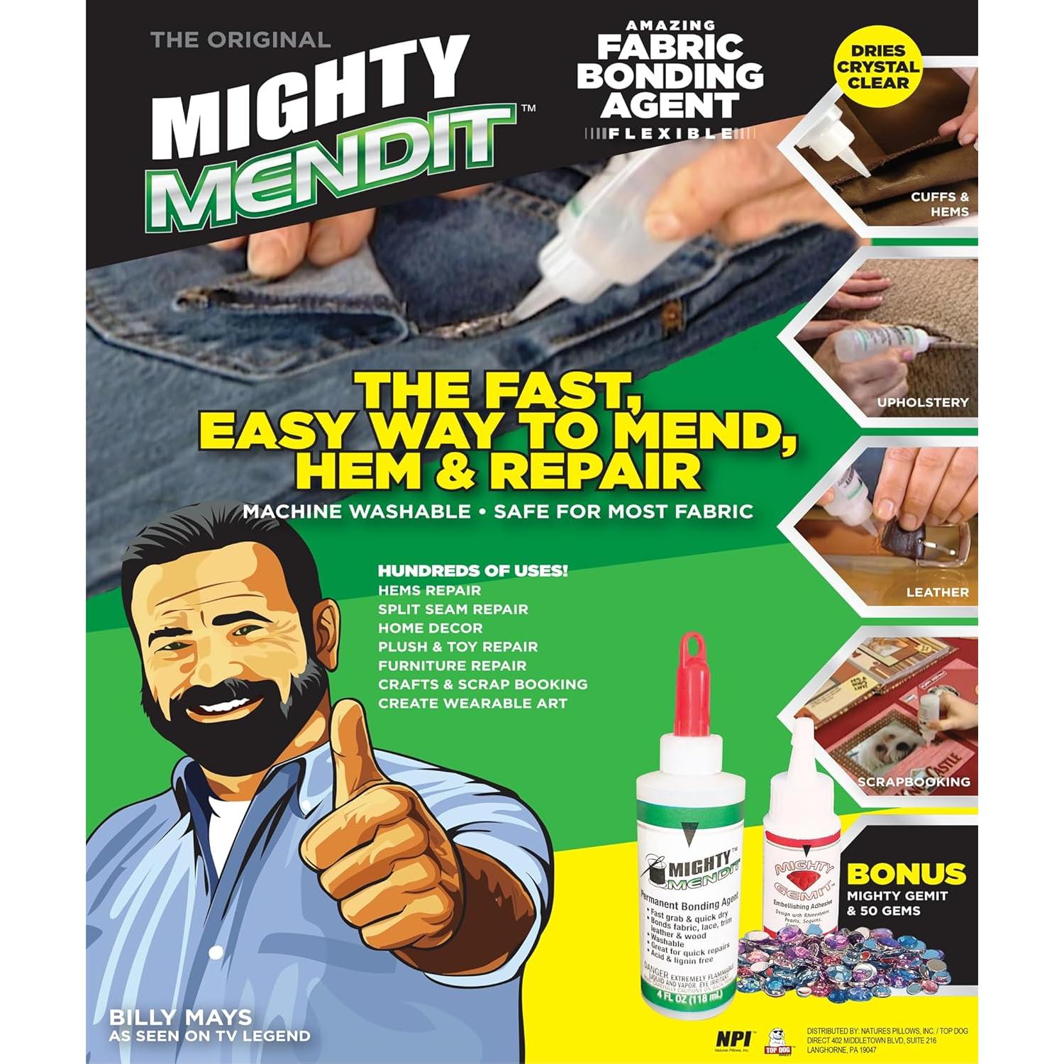 Adhesivo de Tela MIGHTY MENDIT 113 g + Kit Decorativo GEMIT