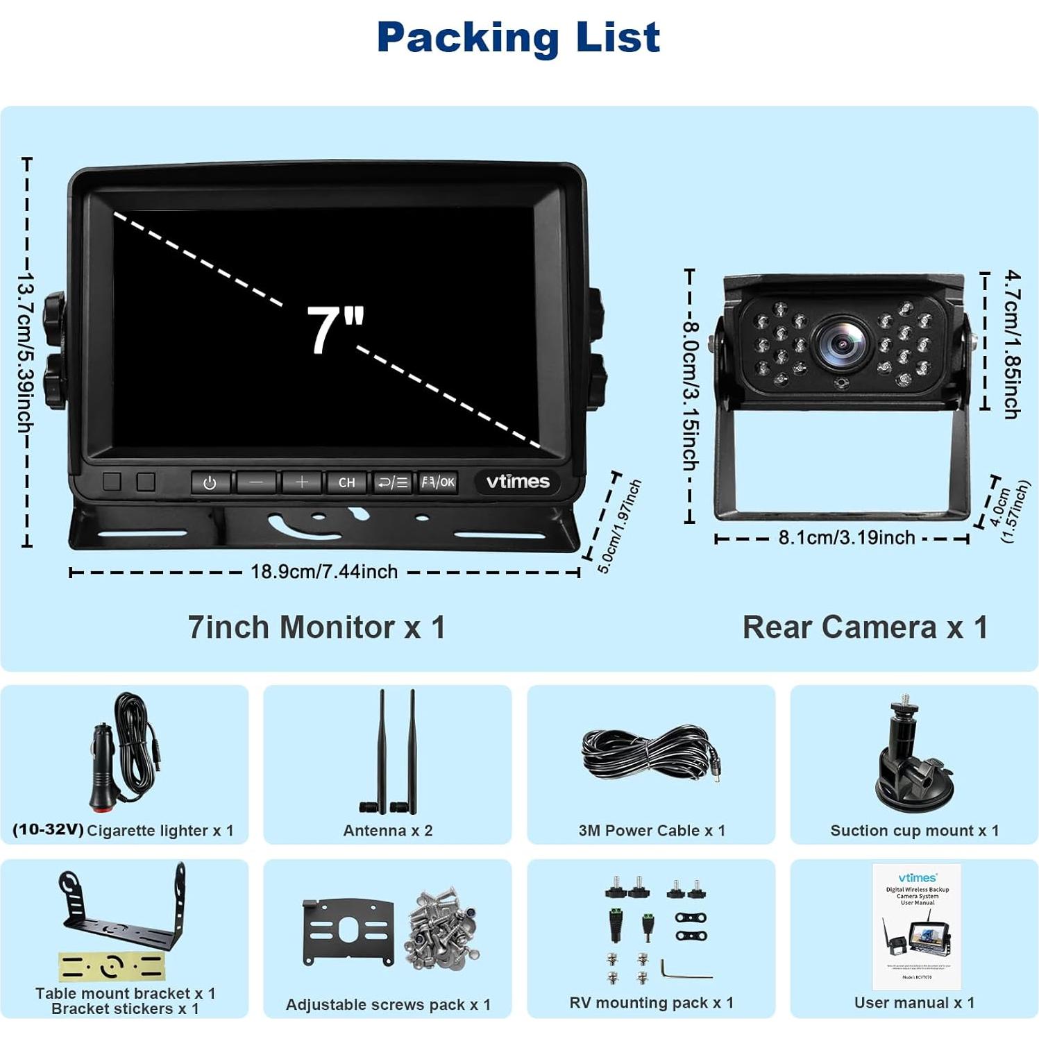 Cámara de Respaldo Inalámbrica VTimes 7" HD con 4 Canales
