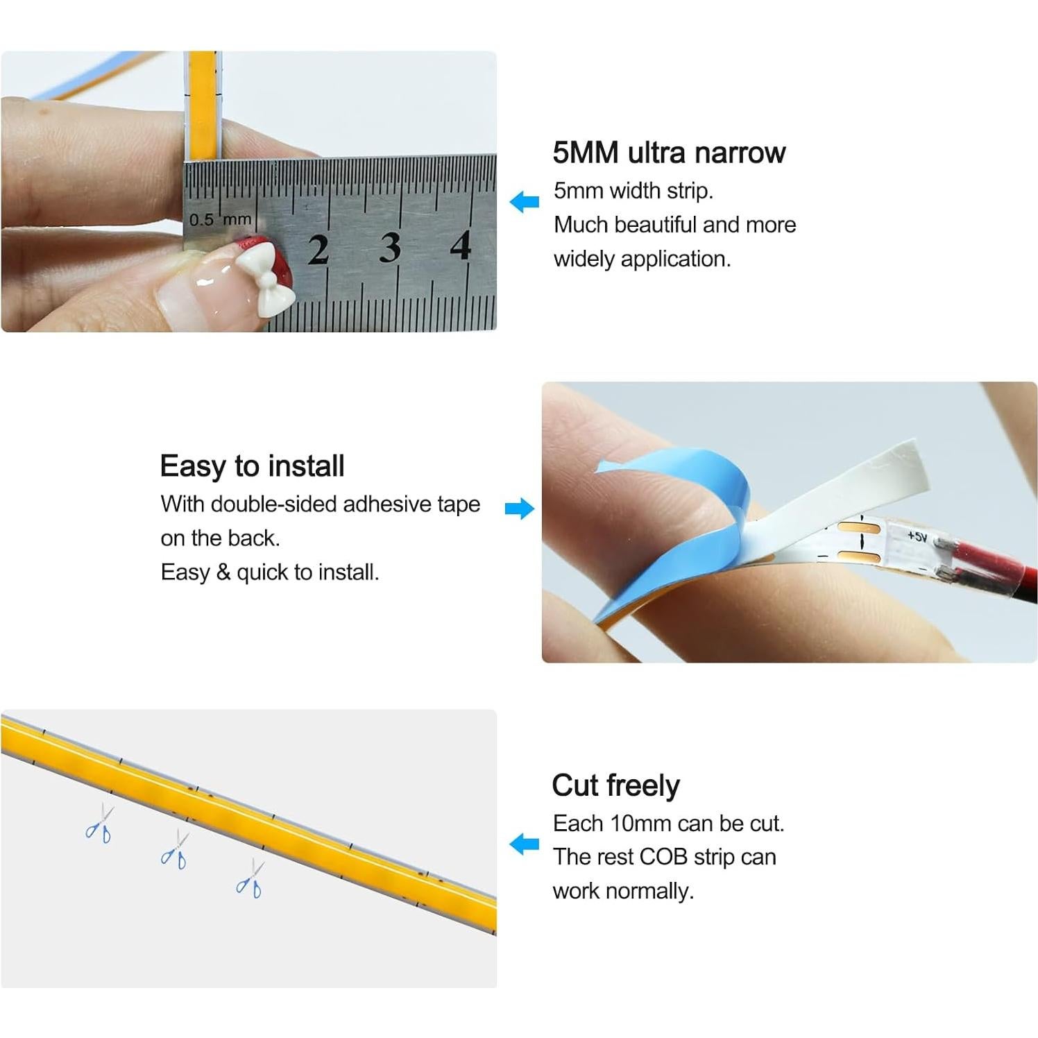 Tira de Luz LED COB 5V 5mm Blanca Cálida 3000K 5m 2000 LEDs