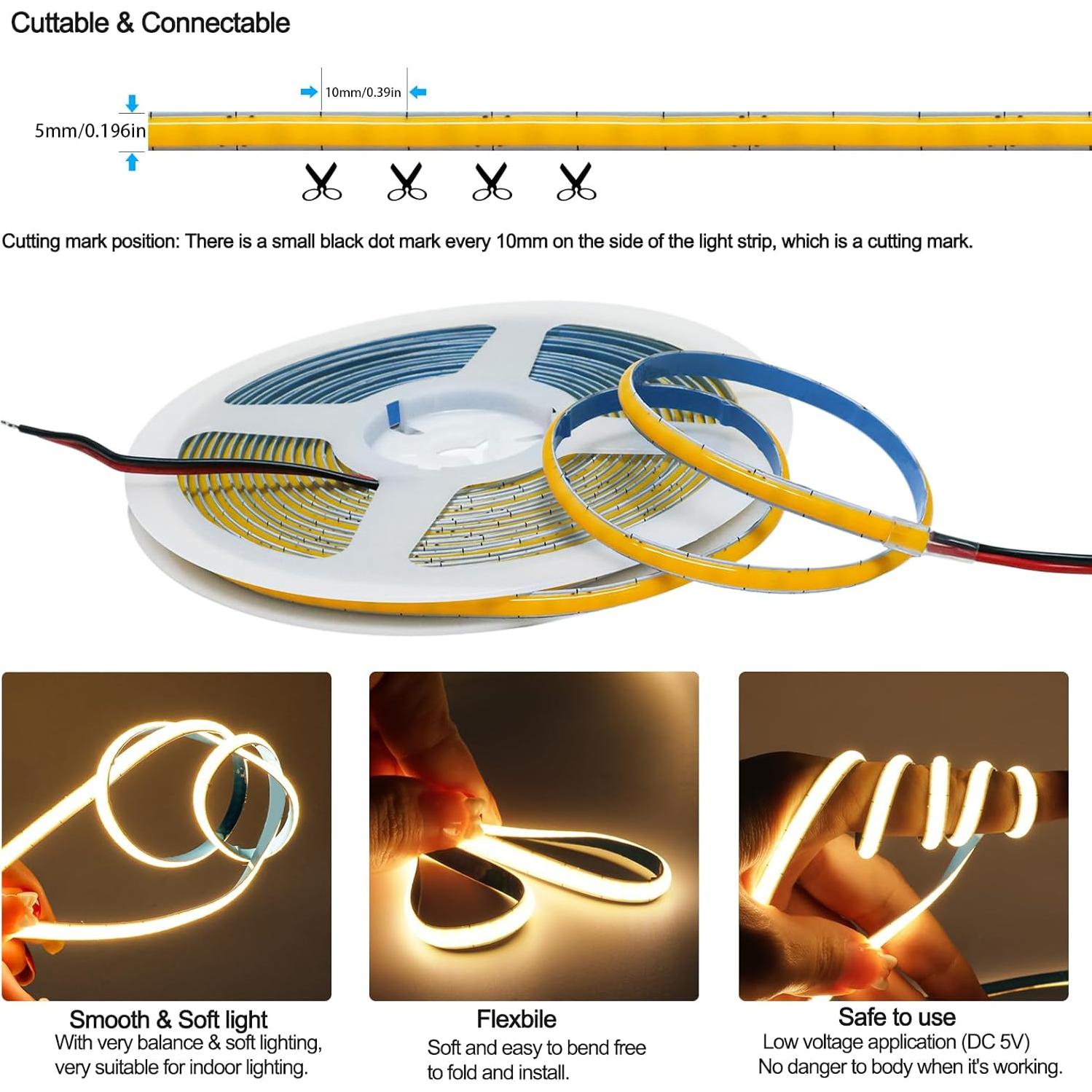 Tira de Luz LED COB 5V 5mm Blanca Cálida 3000K 5m 2000 LEDs