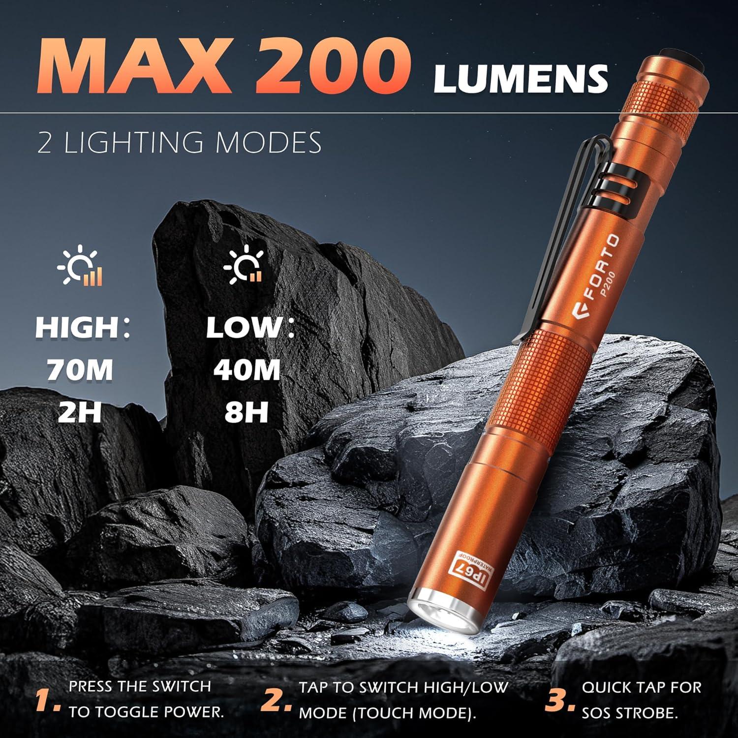 Linterna de Bolsillo FORTO LED 200 Lúmenes IP67 Paquete de 2