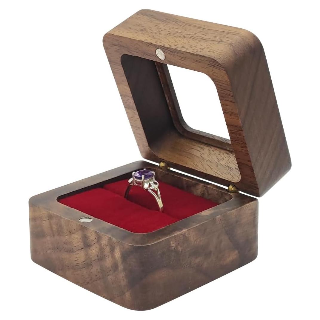 Caja de Anillo Cuadrada WisePoint de Madera y Esponja Roja