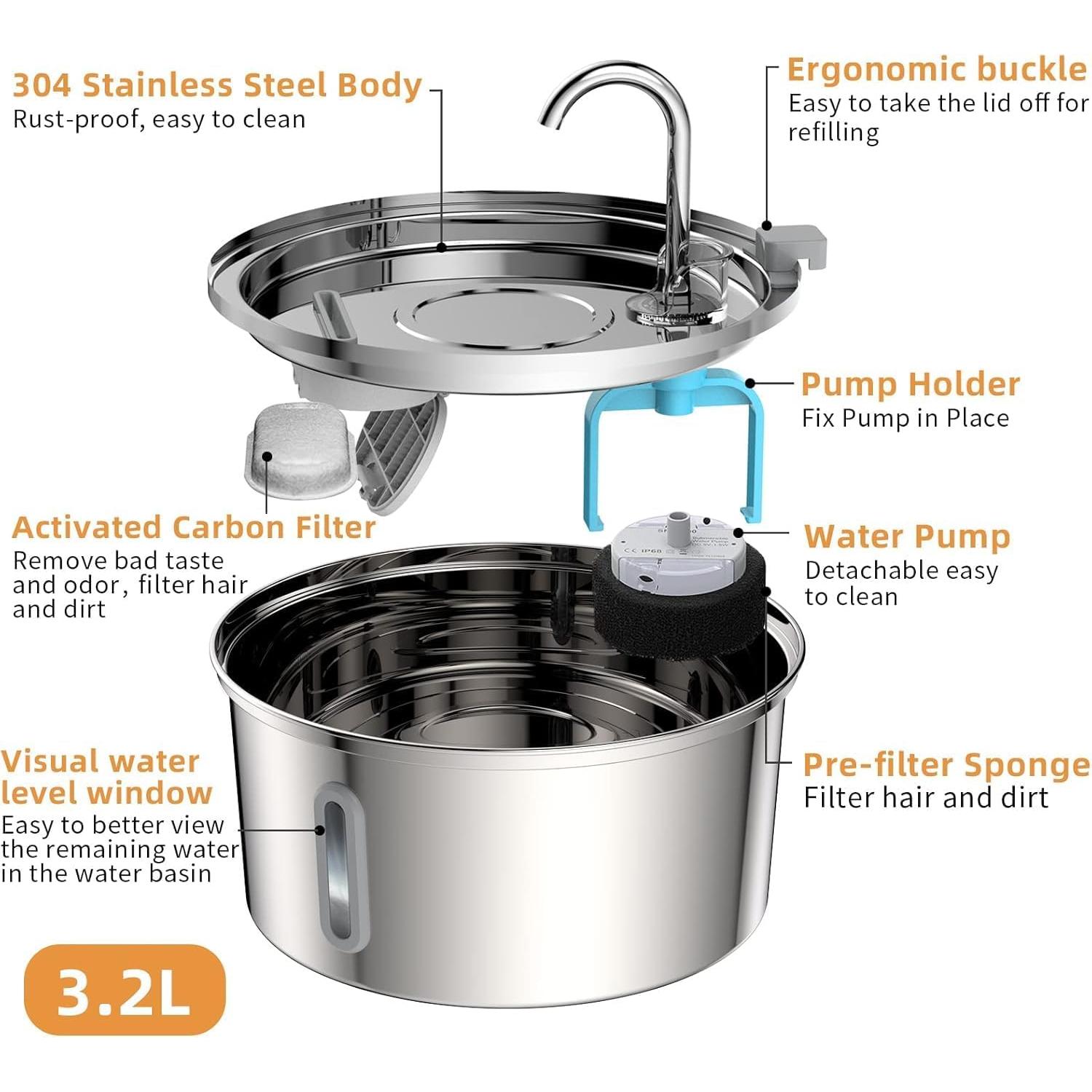 Fuente de Agua Automática para Gatos Tomxcute 3.2L Acero Inoxidable