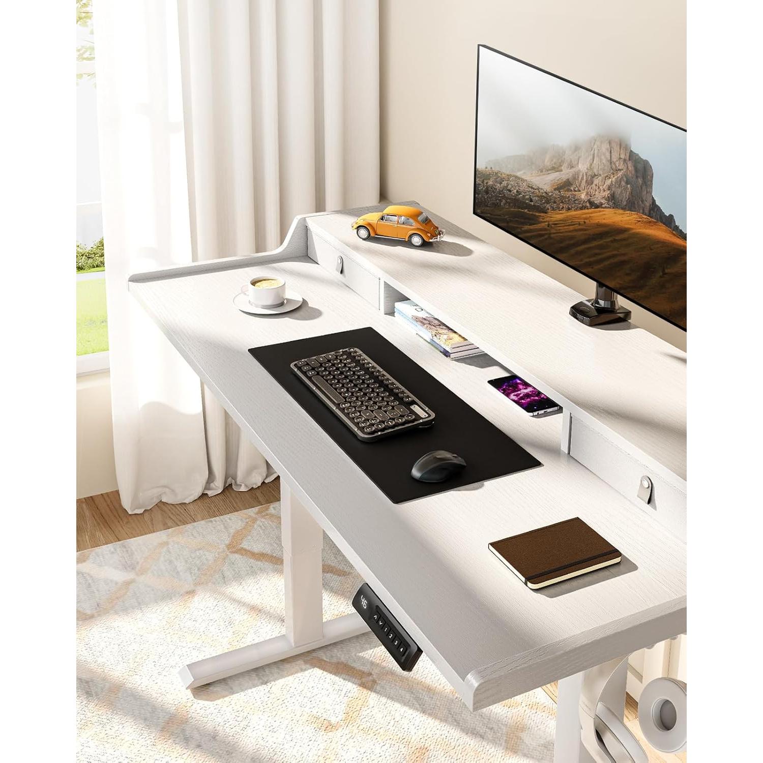 ErGear Electric Standing Desk with Drawers, 40″ x 24″ Small Gaming Table Compatible Monitor Stand, Stand up Desks, Home Office Height-Adjustable Desk with Storage Shelf, 4 Preset Heights, White