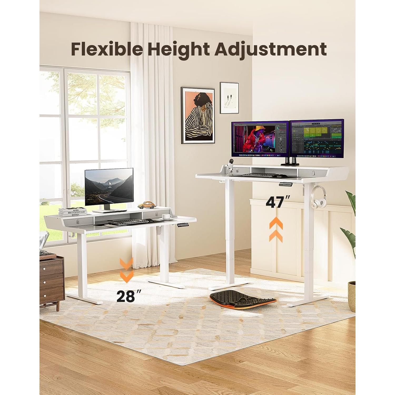 ErGear Electric Standing Desk with Drawers, 40″ x 24″ Small Gaming Table Compatible Monitor Stand, Stand up Desks, Home Office Height-Adjustable Desk with Storage Shelf, 4 Preset Heights, White