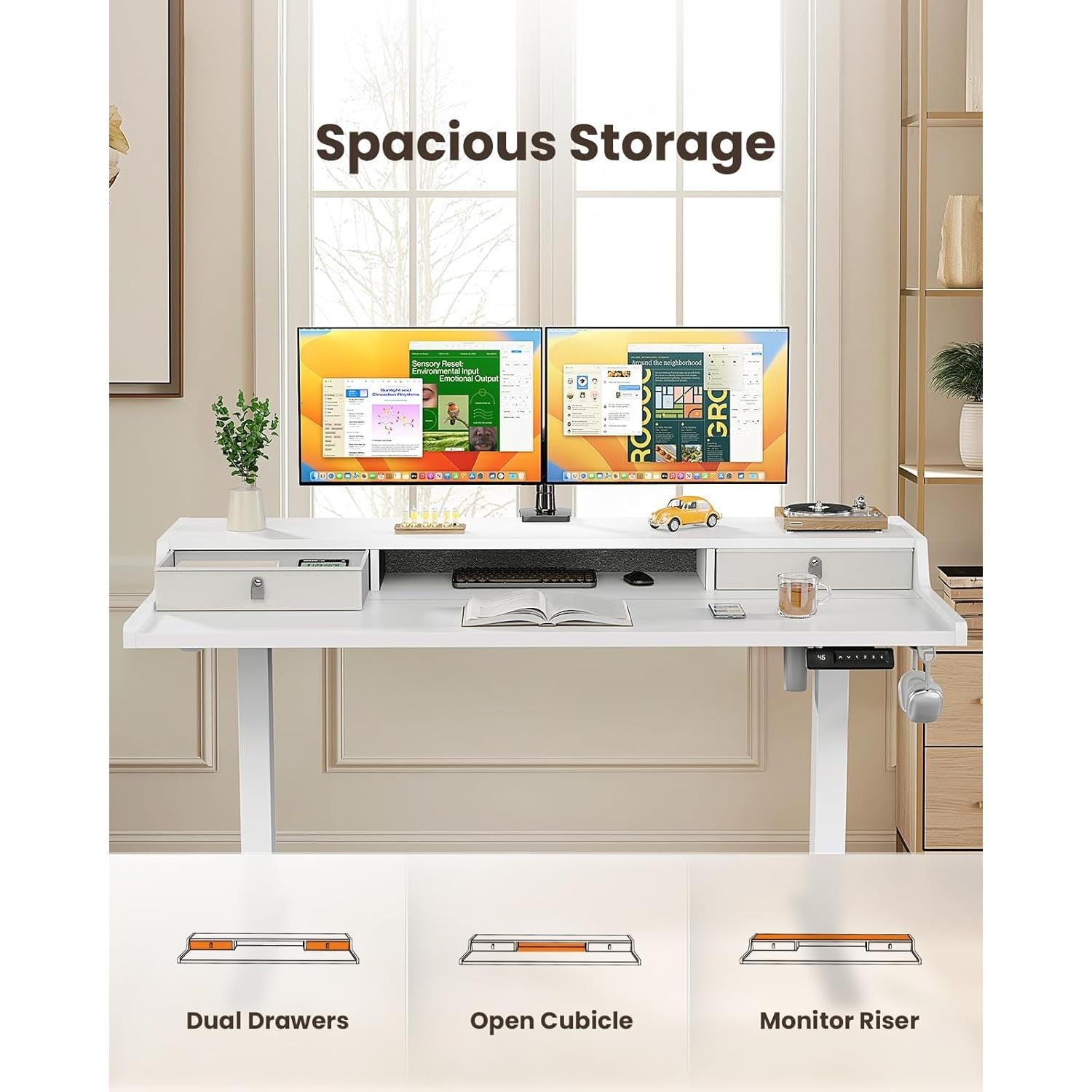 ErGear Electric Standing Desk with Drawers, 40″ x 24″ Small Gaming Table Compatible Monitor Stand, Stand up Desks, Home Office Height-Adjustable Desk with Storage Shelf, 4 Preset Heights, White