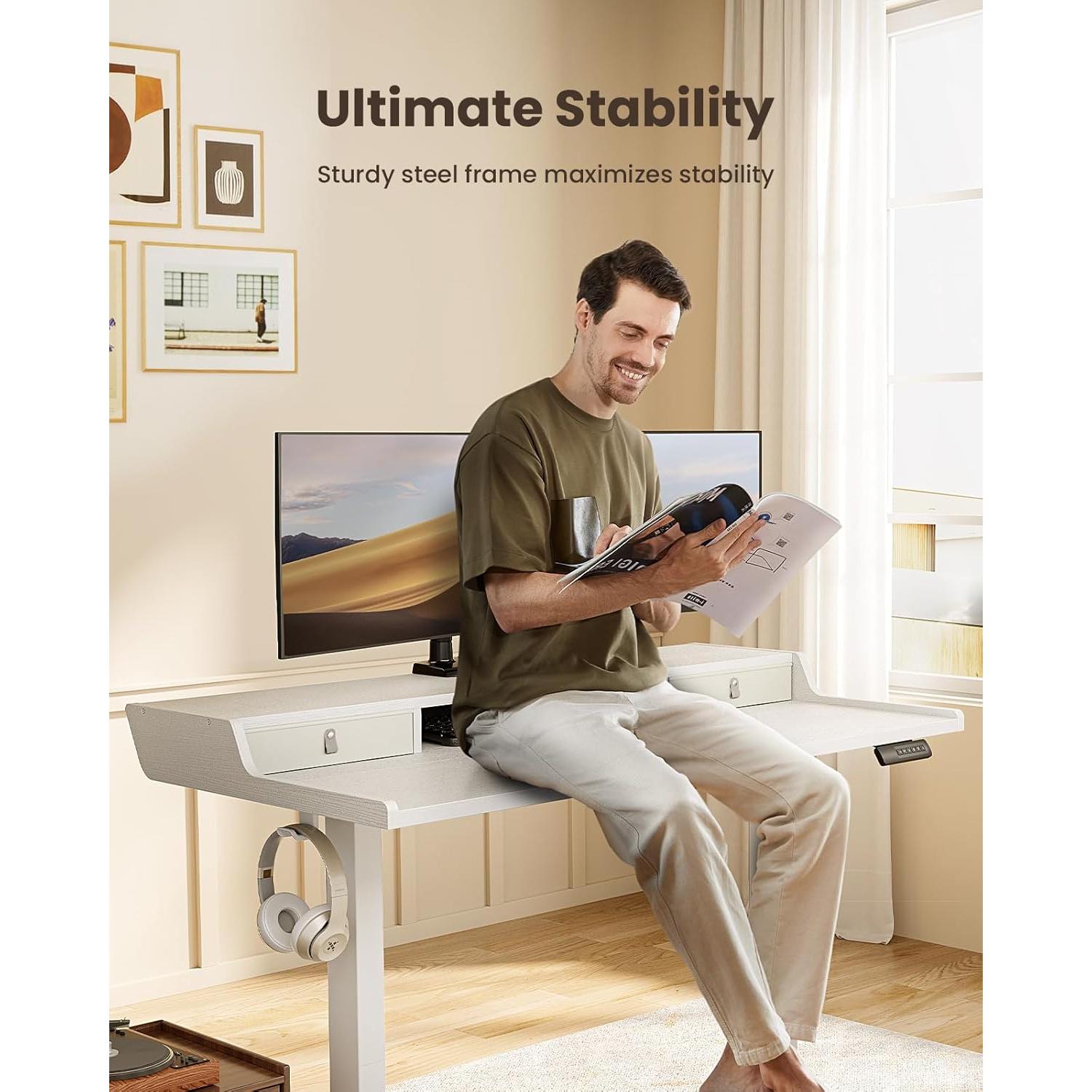 ErGear Electric Standing Desk with Drawers, 40″ x 24″ Small Gaming Table Compatible Monitor Stand, Stand up Desks, Home Office Height-Adjustable Desk with Storage Shelf, 4 Preset Heights, White