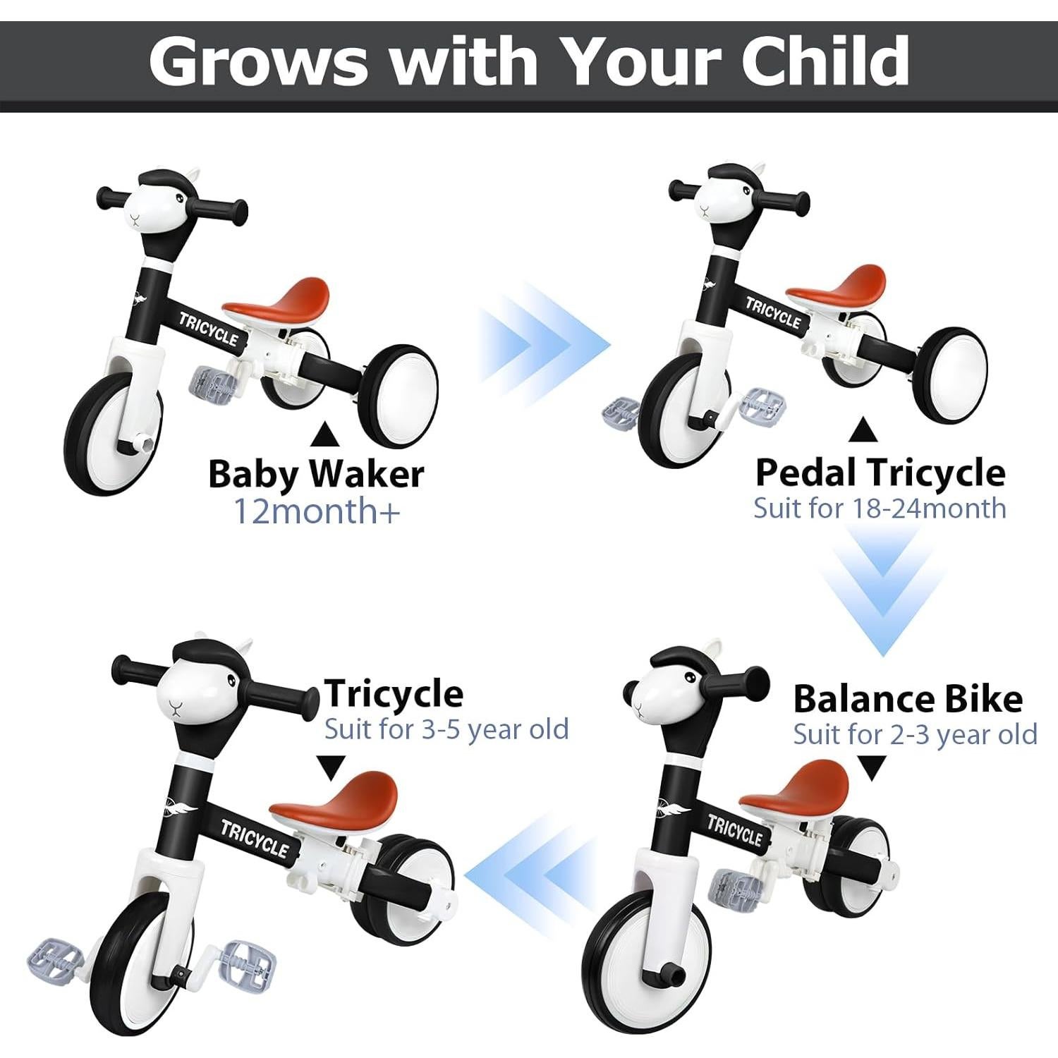 Triciclo para Niños FZHZZ Negro 4 en 1 con Luz y Música