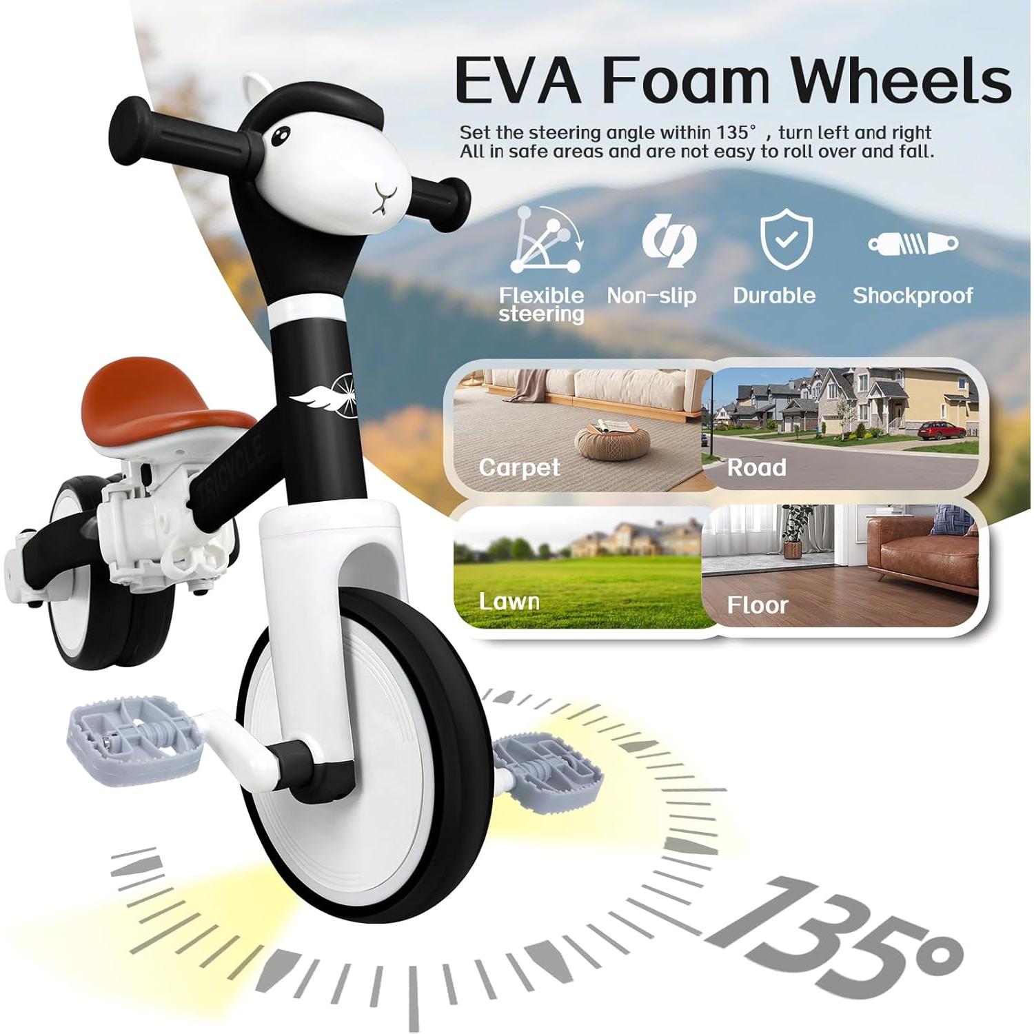 Triciclo para Niños FZHZZ Negro 4 en 1 con Luz y Música