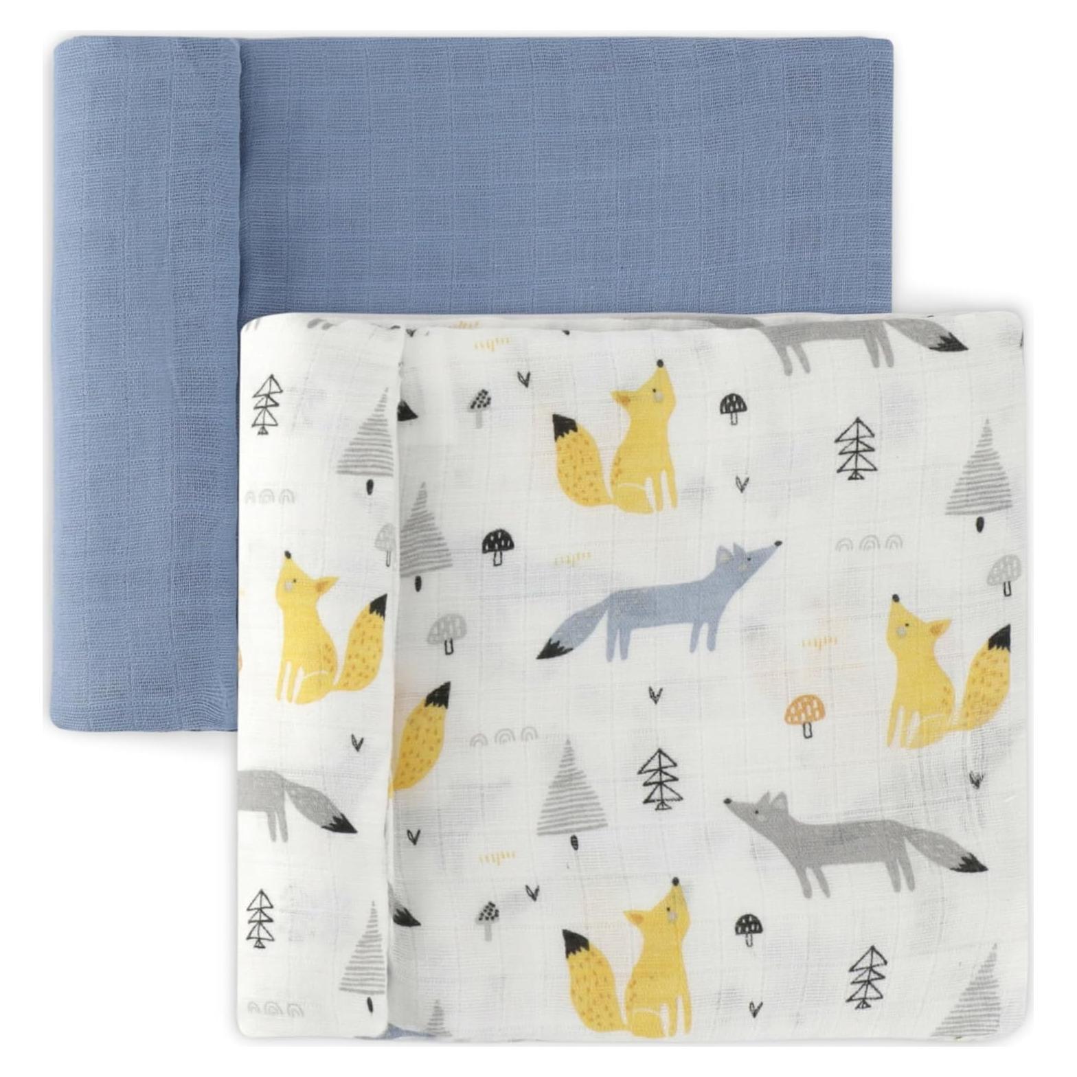 Mantas de Muselina 100% Algodón Featherhead - 120x120 cm - 2 Paquete Zorros Azules
