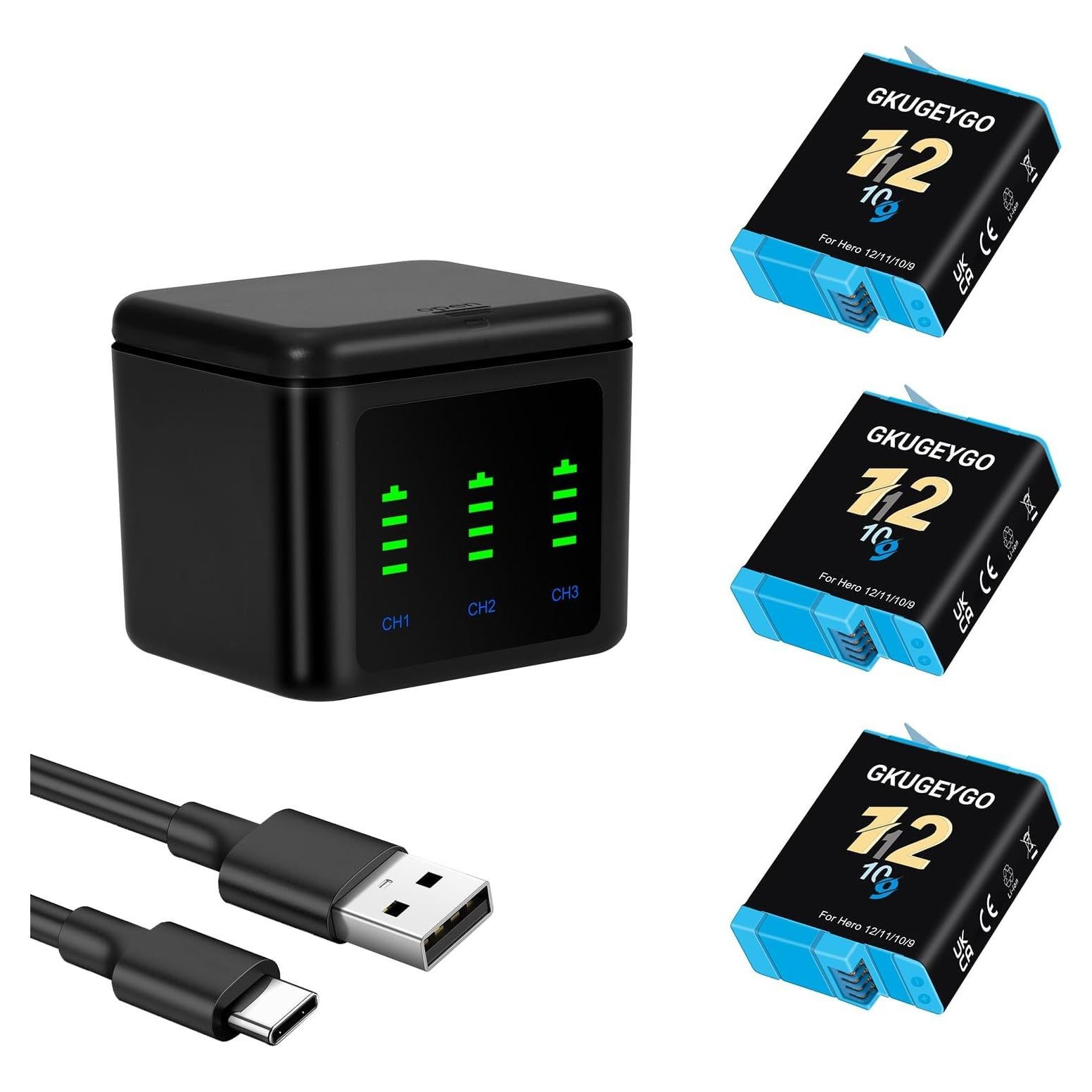 Paquete de 3 Baterías GKUGEYGO para GoPro Hero 12/11/10/9