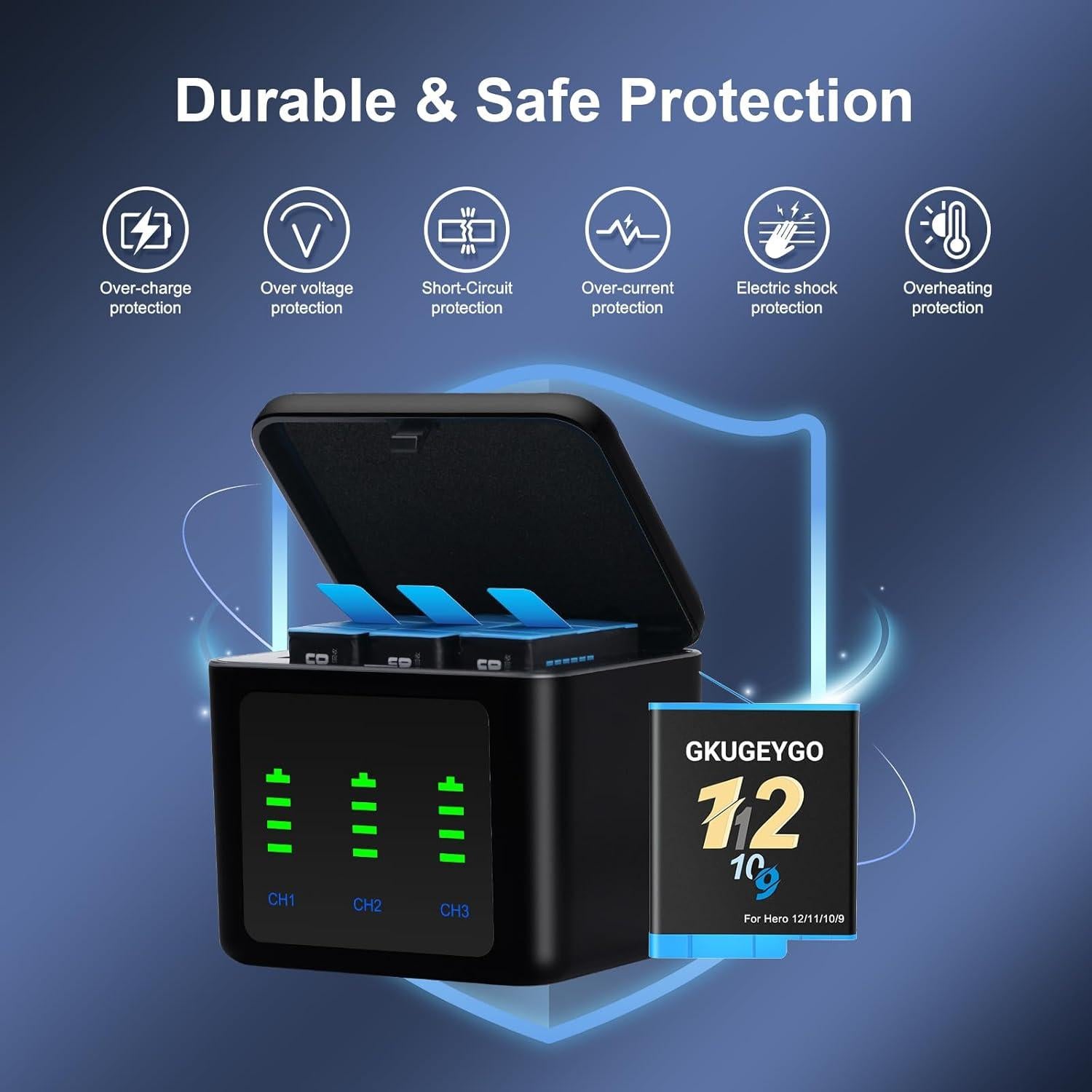 Paquete de 3 Baterías GKUGEYGO para GoPro Hero 12/11/10/9