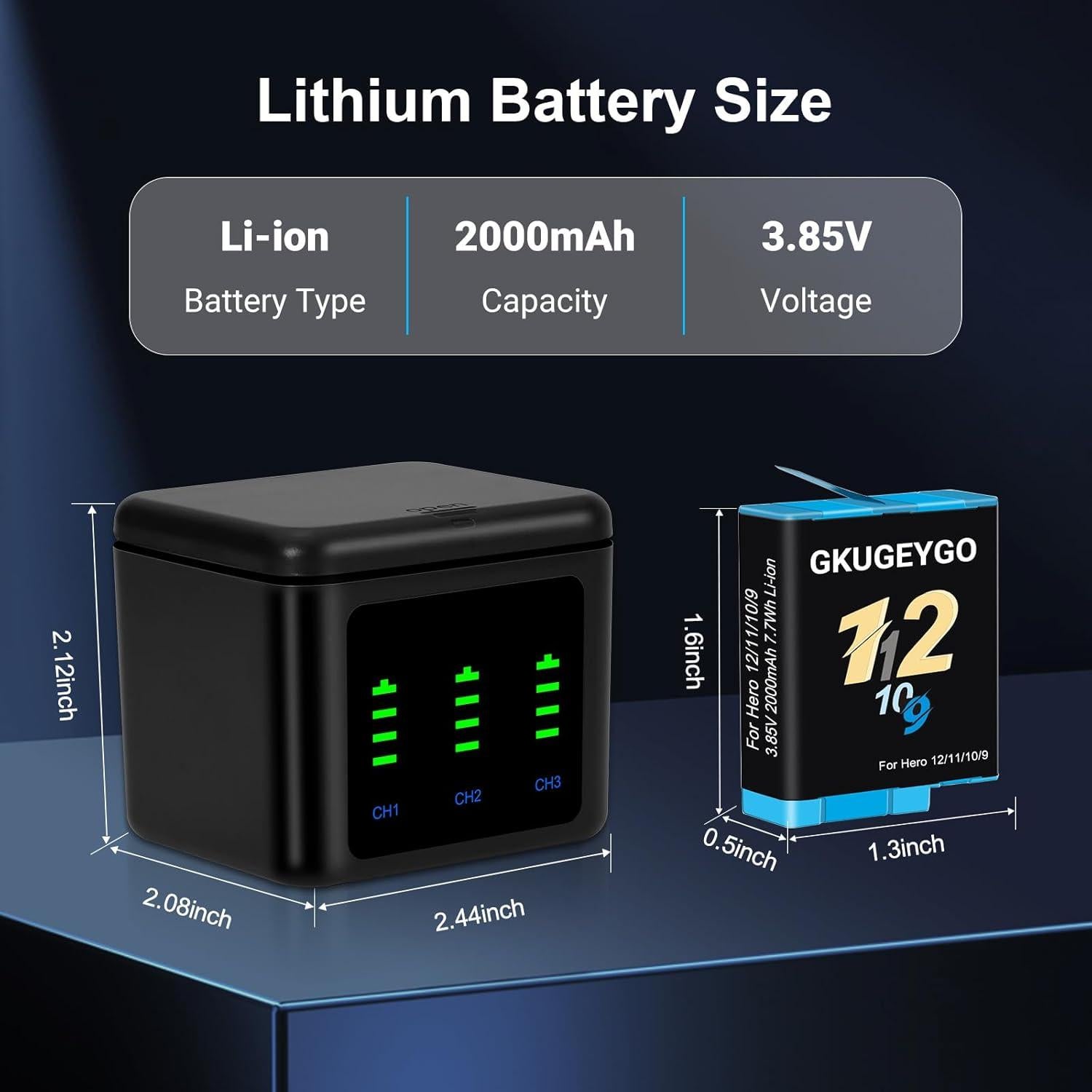 Paquete de 3 Baterías GKUGEYGO para GoPro Hero 12/11/10/9