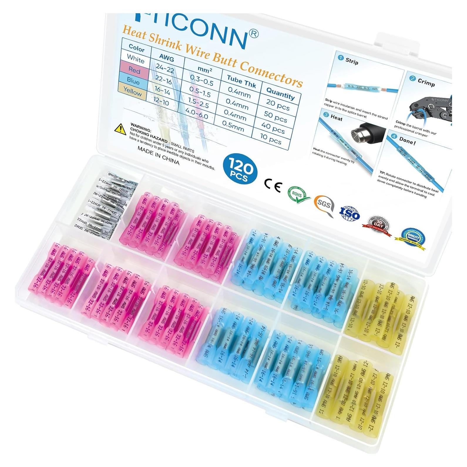 Kit de Conectores de Empalme Térmico TICONN 120PCS AWG 24-10