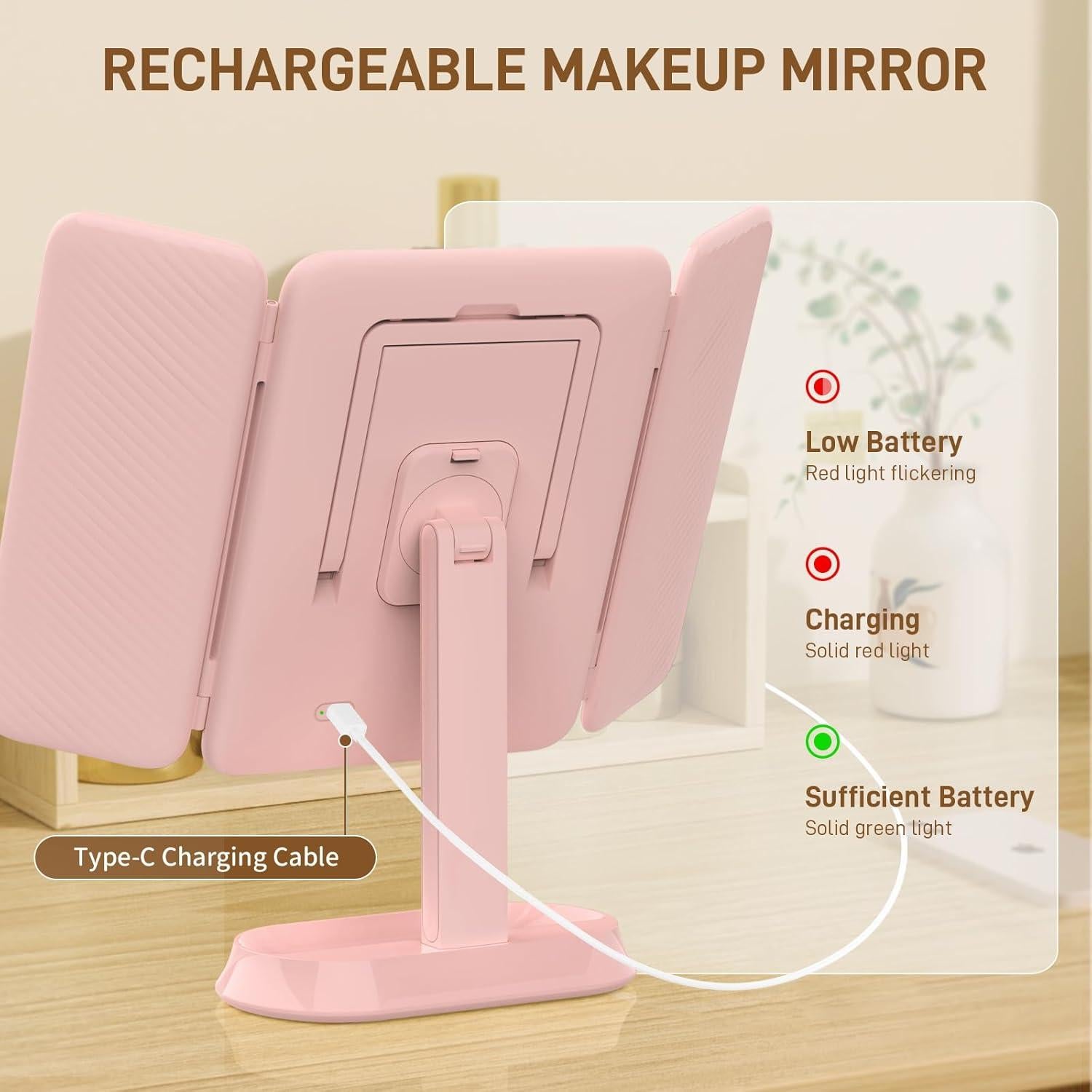 Espejo de Maquillaje LED Inalámbrico FRANO 30x18.8cm Rosa