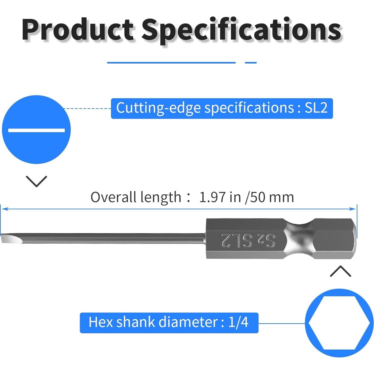 10 Puntas de Destornillador SL2 Magnéticas 50 mm FOCMKEAS