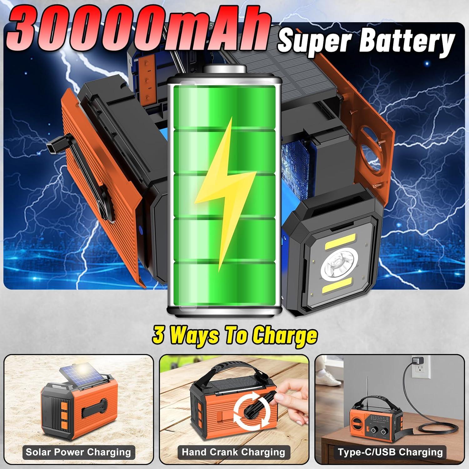 Radio de Emergencia NOAA 30000mAh Manivela Solar Naranja
