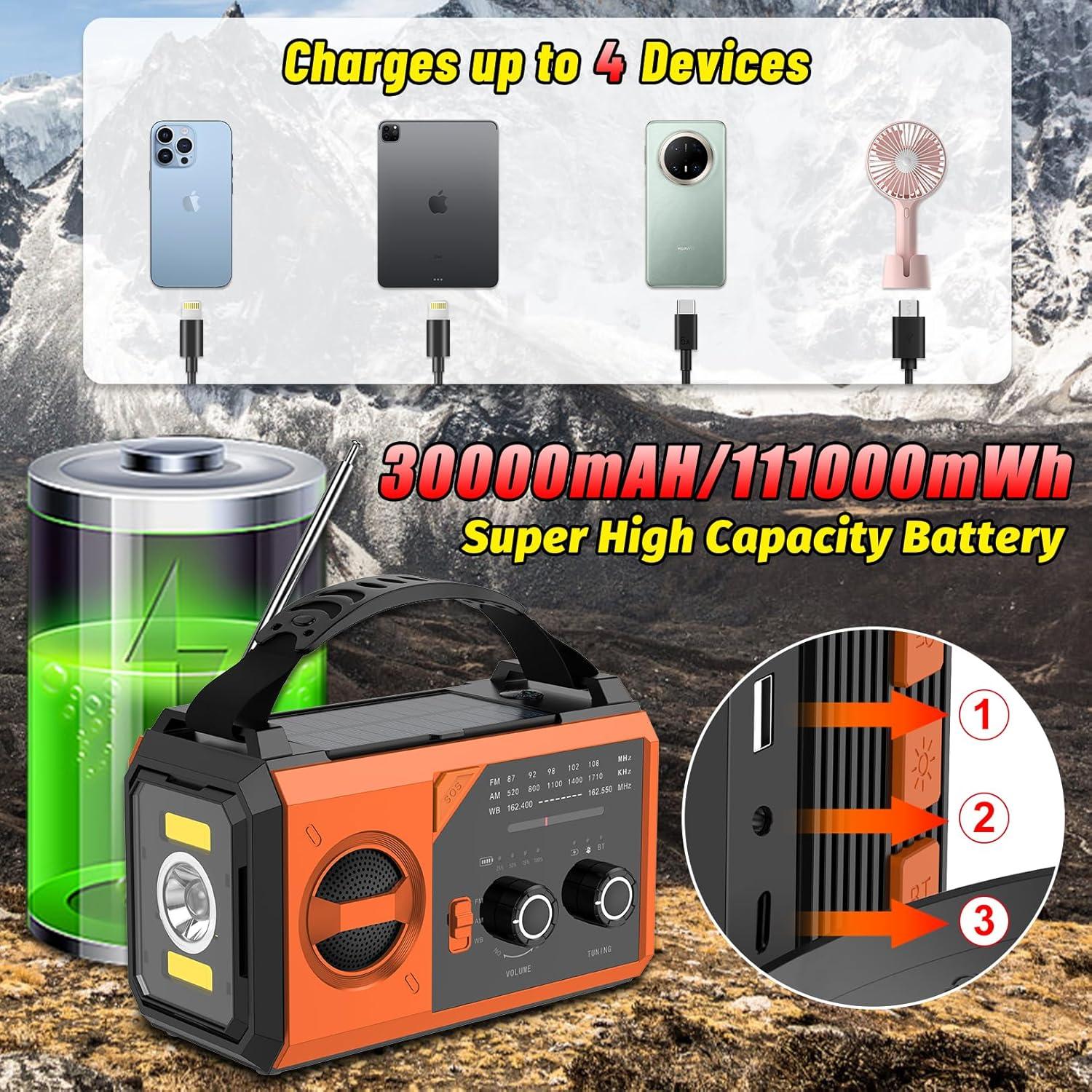 Radio de Emergencia NOAA 30000mAh Manivela Solar Naranja