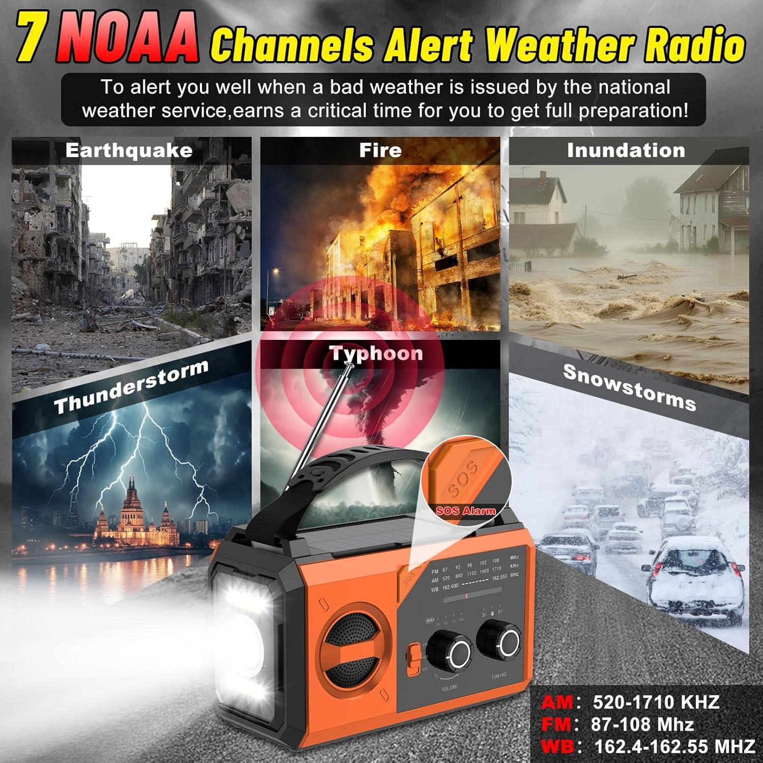 Radio de Emergencia NOAA 30000mAh Manivela Solar Naranja