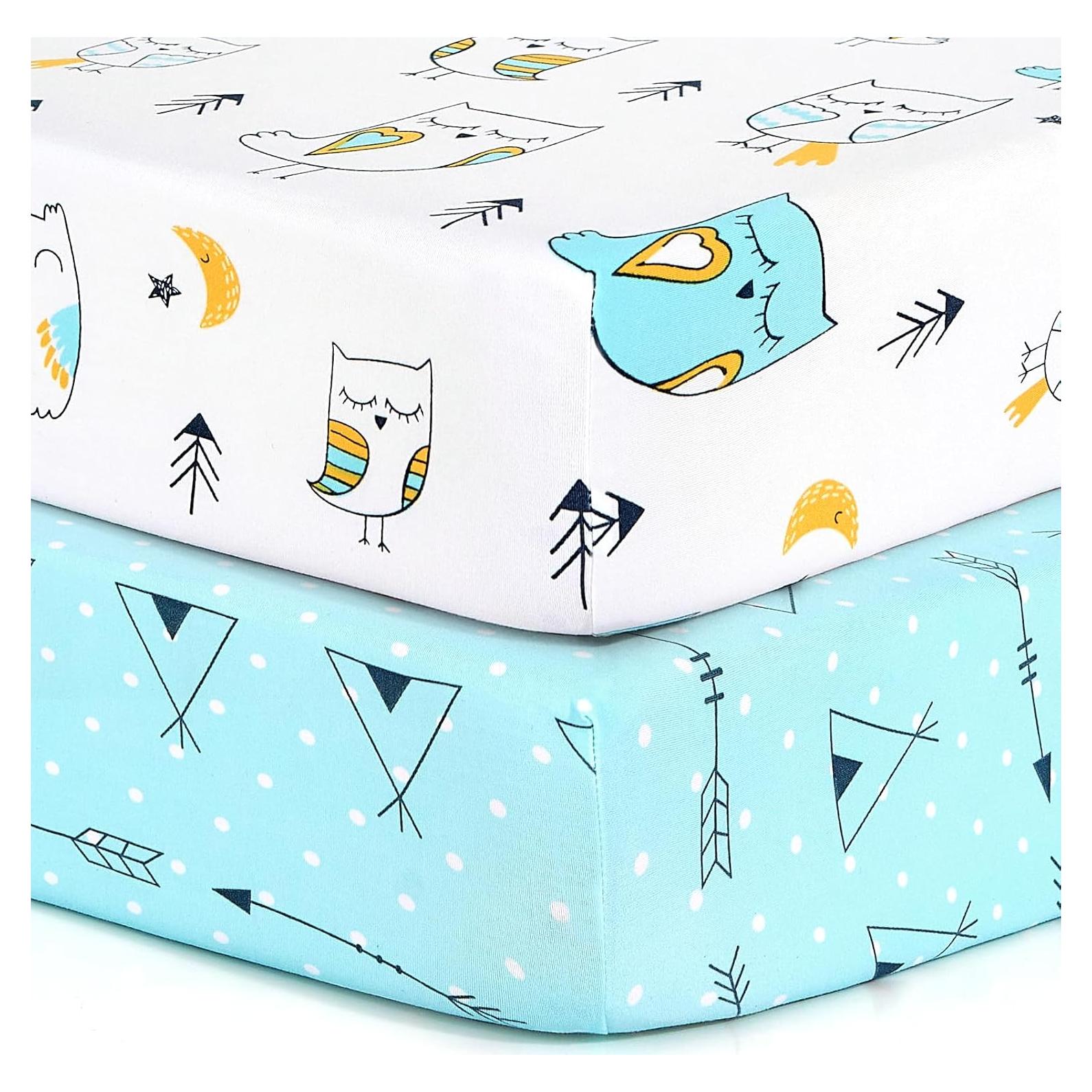 Pack n Play Sheets, BROLEX 2 Pack Mini Crib Sheets,Stretchy Portable Fitted Playard Sheet Set, Convertible Playard Mattress Cover,Ultra Soft Breathable Material,Arrow Owl