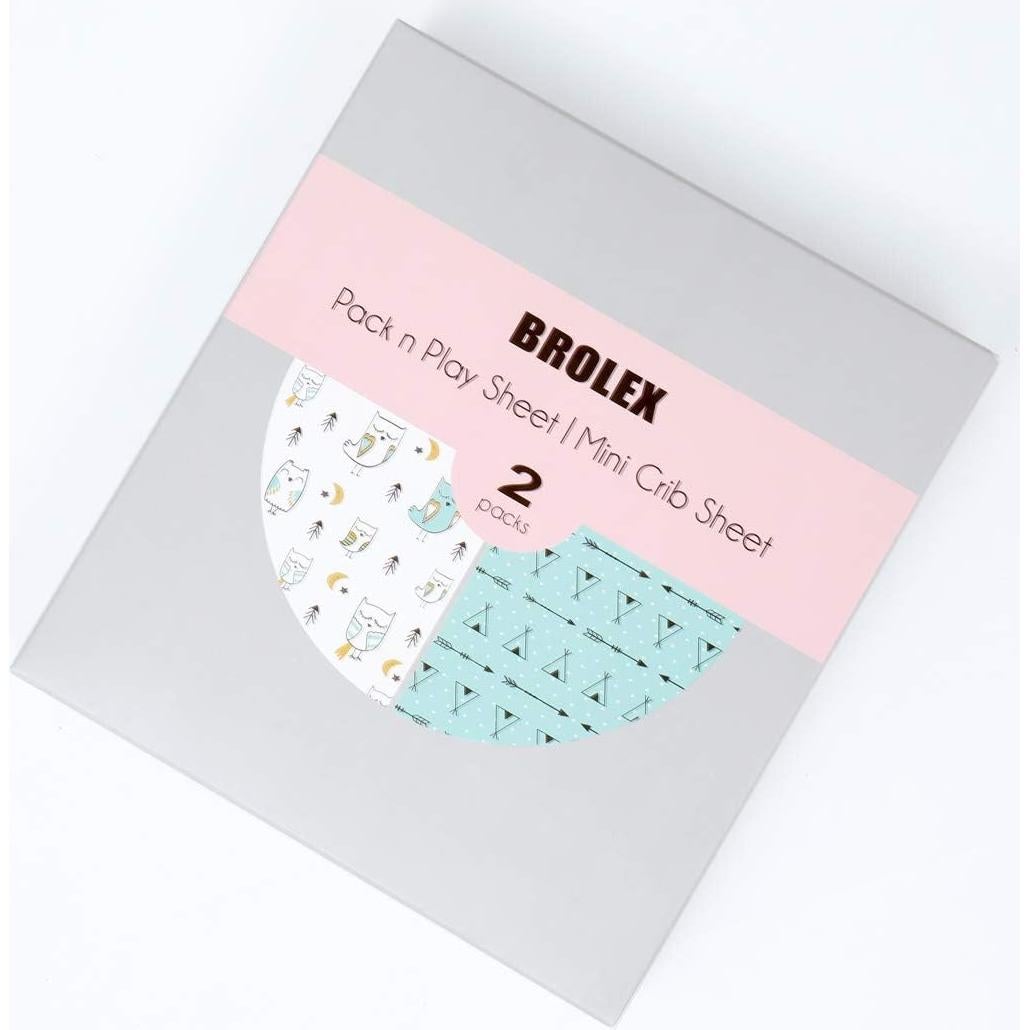 Pack n Play Sheets, BROLEX 2 Pack Mini Crib Sheets,Stretchy Portable Fitted Playard Sheet Set, Convertible Playard Mattress Cover,Ultra Soft Breathable Material,Arrow Owl