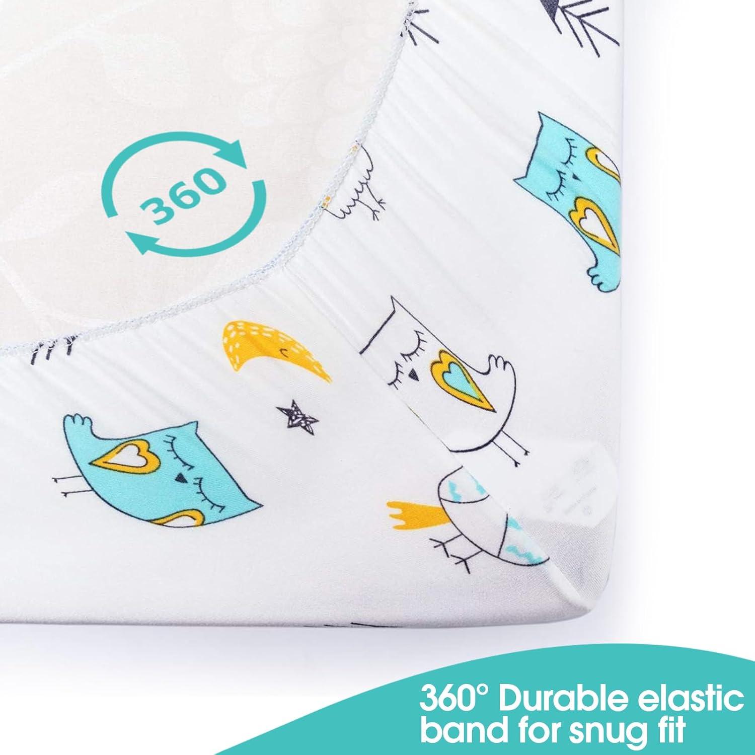 Pack n Play Sheets, BROLEX 2 Pack Mini Crib Sheets,Stretchy Portable Fitted Playard Sheet Set, Convertible Playard Mattress Cover,Ultra Soft Breathable Material,Arrow Owl