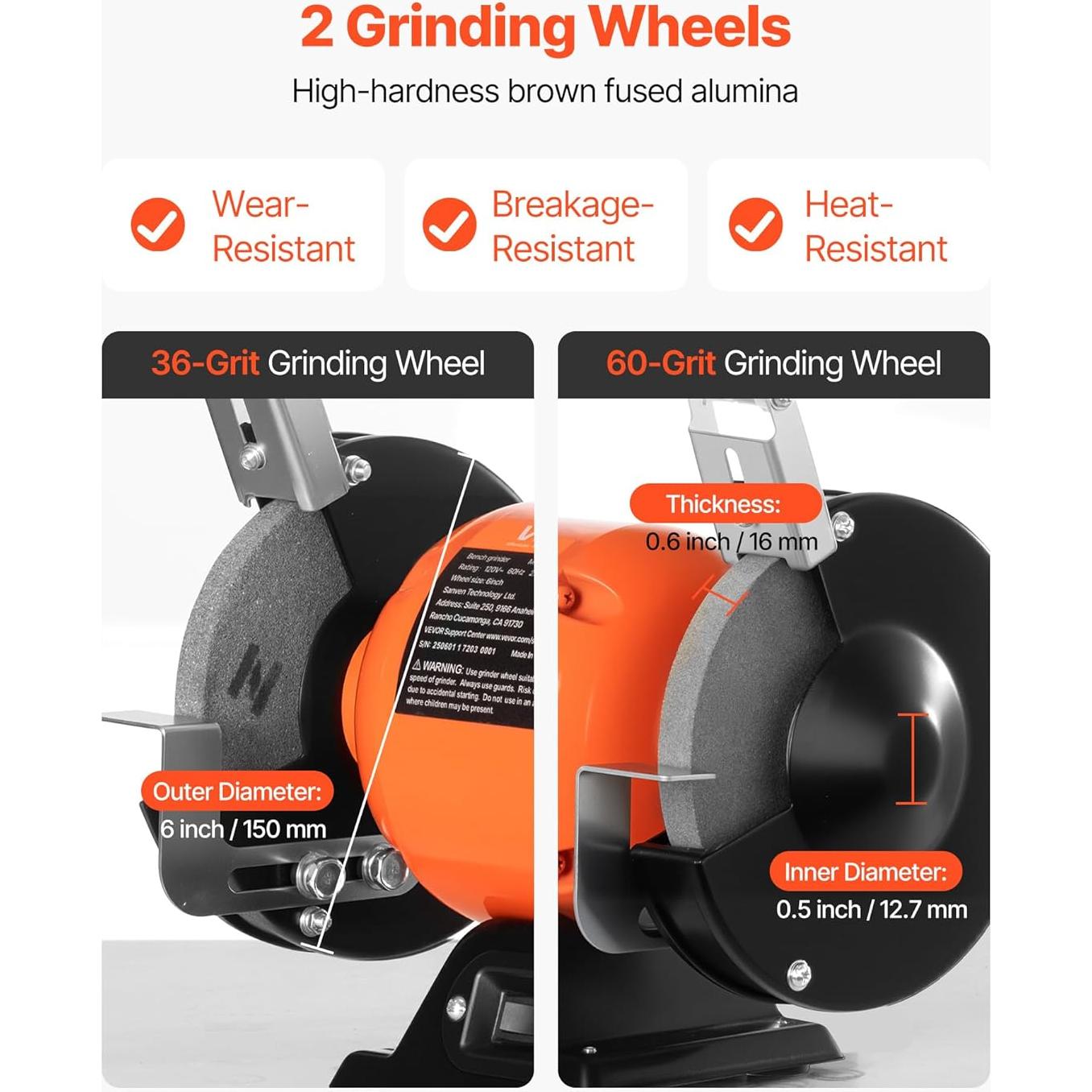 Esmeril de Banco VEVOR 6" 250W 1750RPM con Ruedas de 36/60 Granos