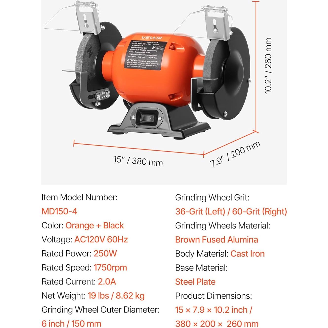 Esmeril de Banco VEVOR 6" 250W 1750RPM con Ruedas de 36/60 Granos