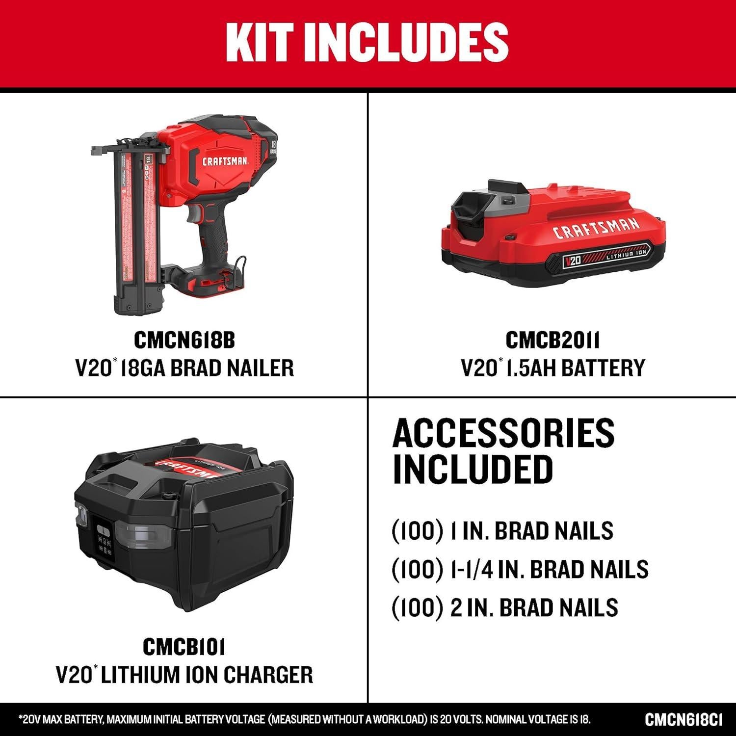 Clavadora Cordless Craftsman V20 18GA con Batería y Cargador