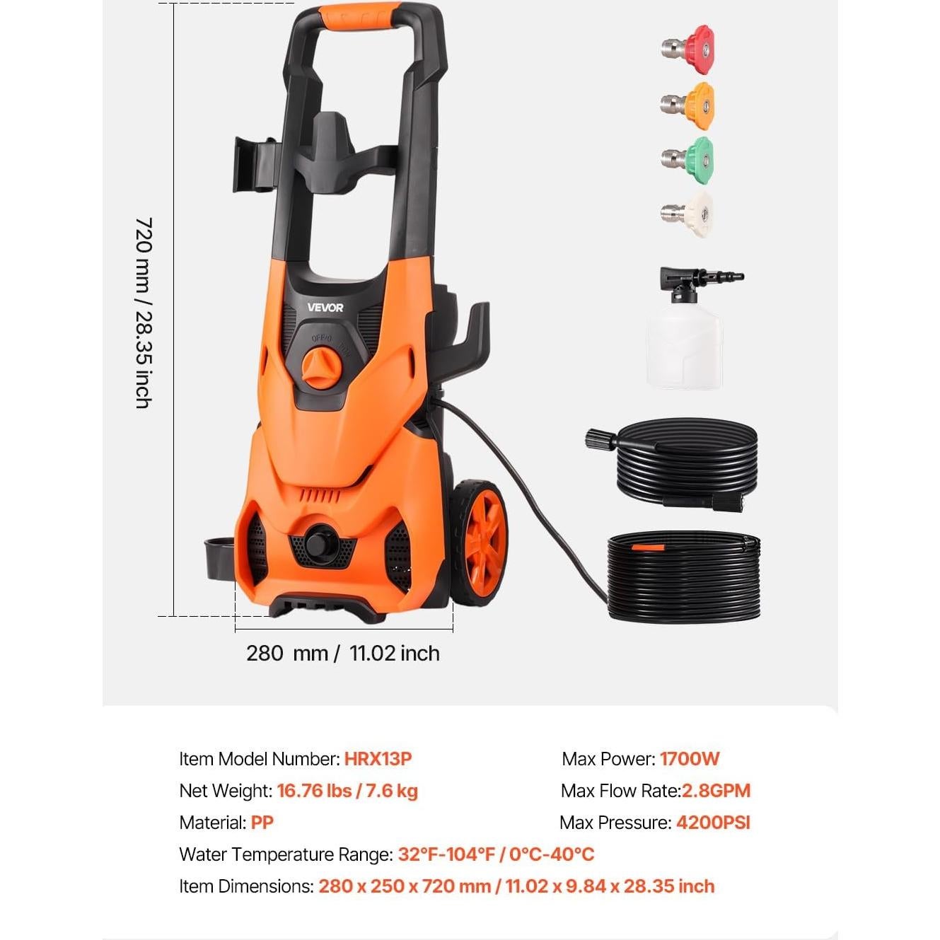 Lavadora a Presión Eléctrica VEVOR 4200 PSI 2.8 GPM 7.6 kg